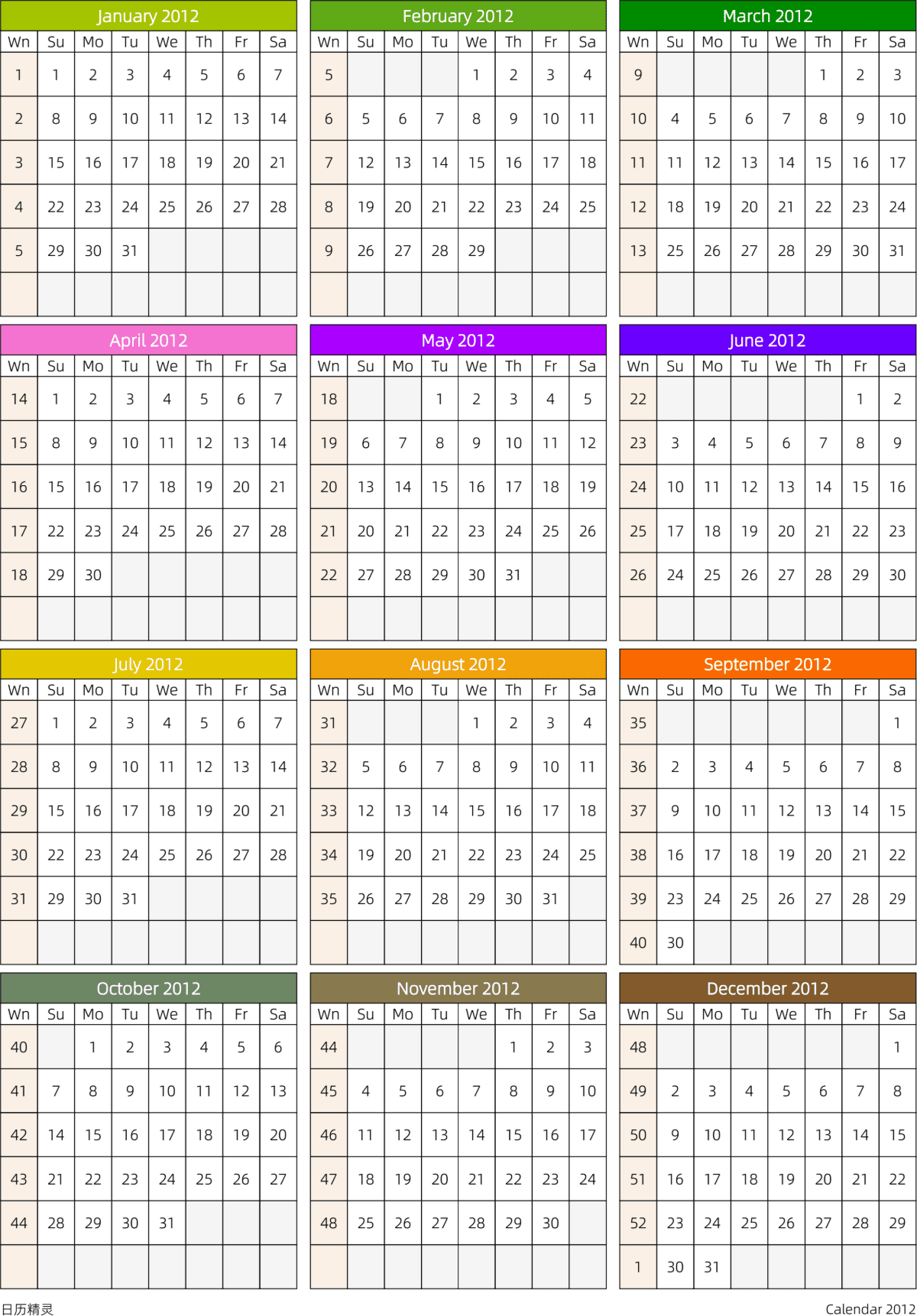 模板[DF201] 日历表 2012年 日历 英文版 周日开始 带周数