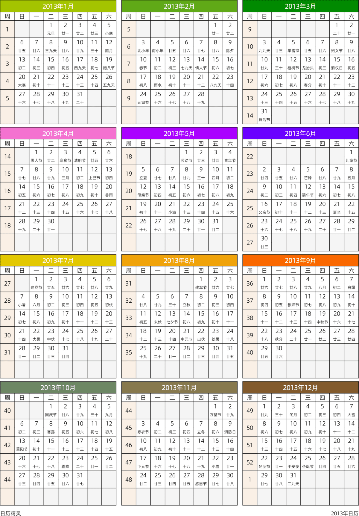 模板[DF201] 日历表 2013年 日历 中文版 周日开始 带周数 带农历