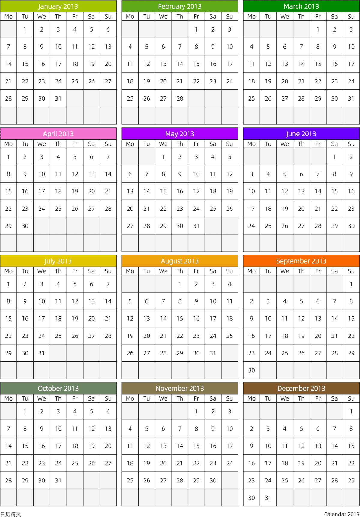 模板[DF201] 日历表 2013年 日历 英文版 周一开始 带节假日调休安排
