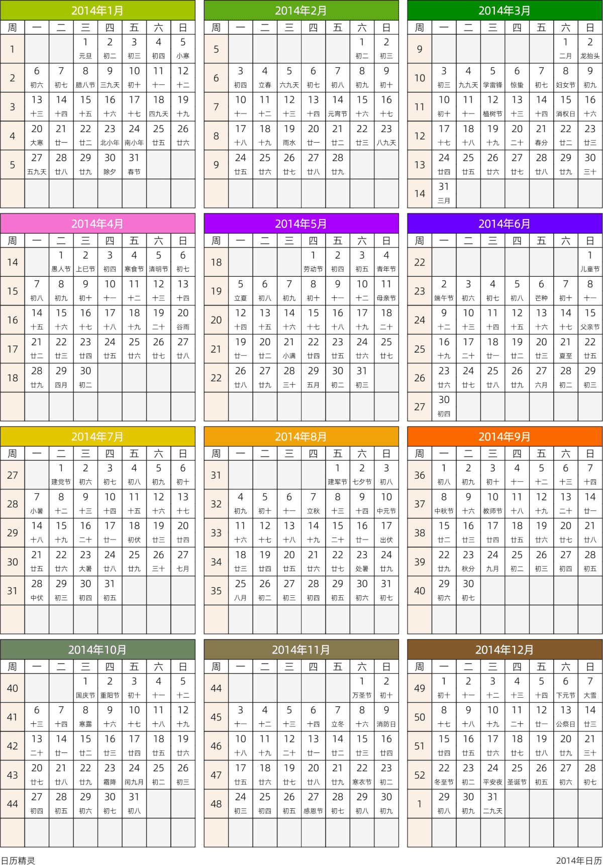 模板[DF201] 日历表 2014年 日历 中文版 周一开始 带周数 带农历
