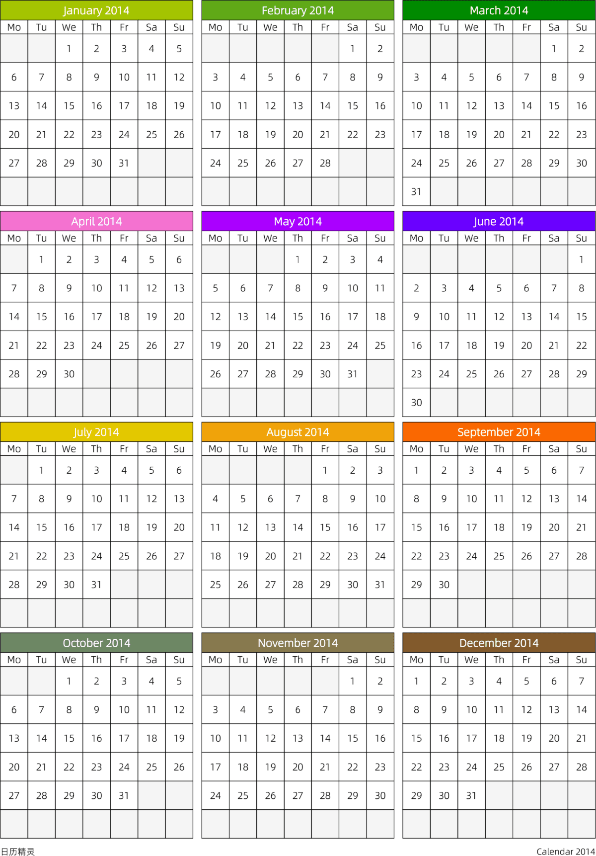 模板[DF201] 日历表 2014年 日历 英文版 周一开始