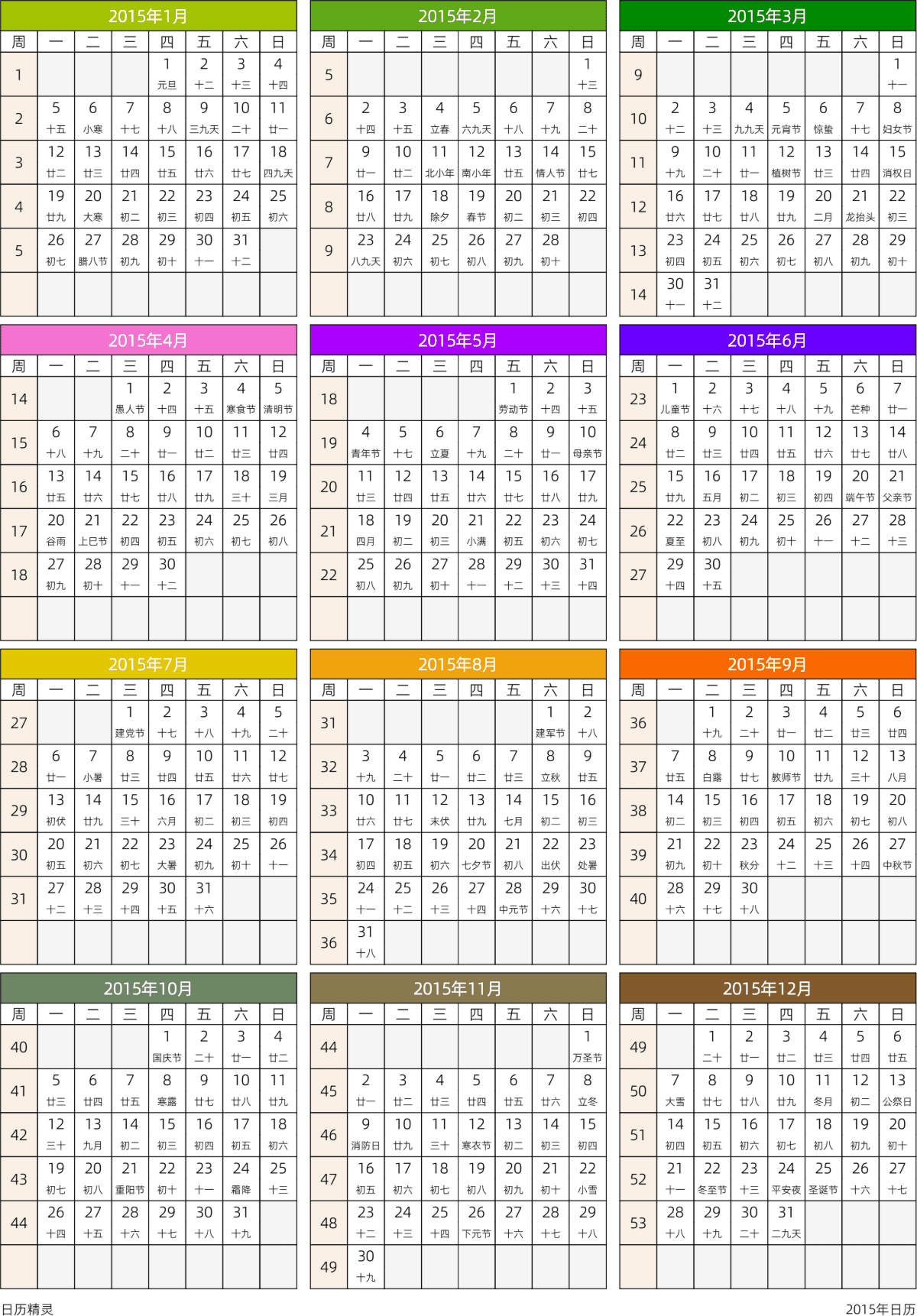 模板[DF201] 日历表 2015年 日历 中文版 周一开始 带周数 带农历 带节假日调休安排