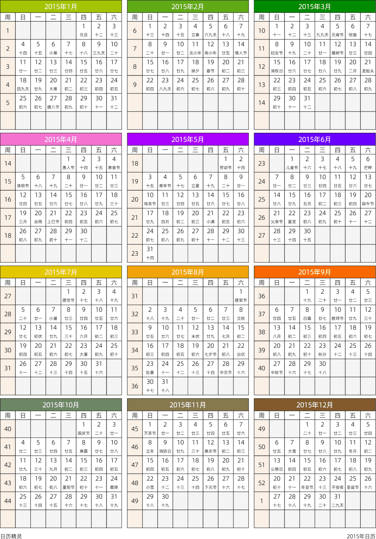 模板[DF201] 日历表 2015年 日历 中文版 周日开始 带周数 带农历 带节假日调休安排