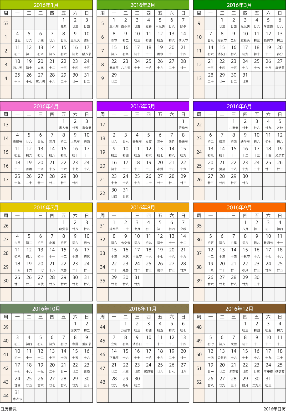 模板[DF201] 日历表 2016年 日历 中文版 周一开始 带周数 带农历