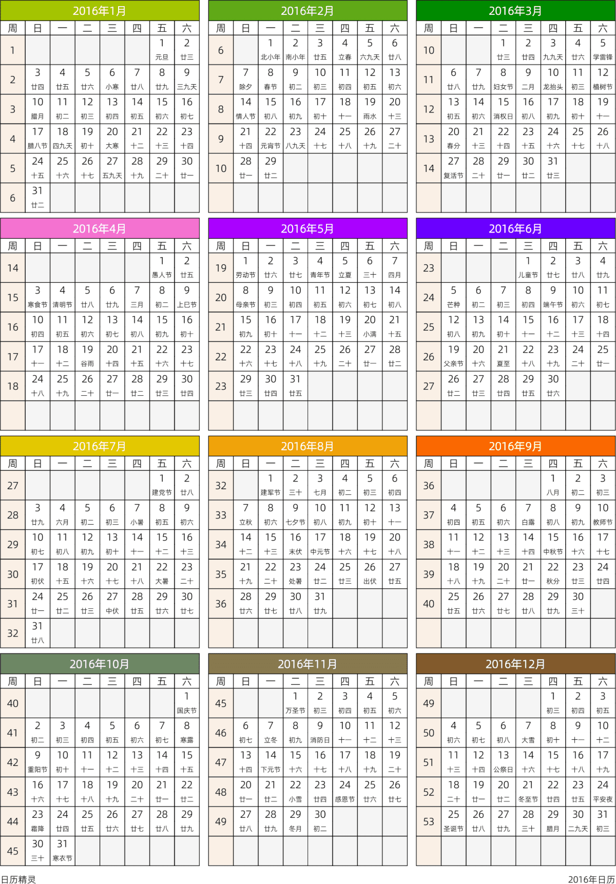模板[DF201] 日历表 2016年 日历 中文版 周日开始 带周数 带农历 带节假日调休安排