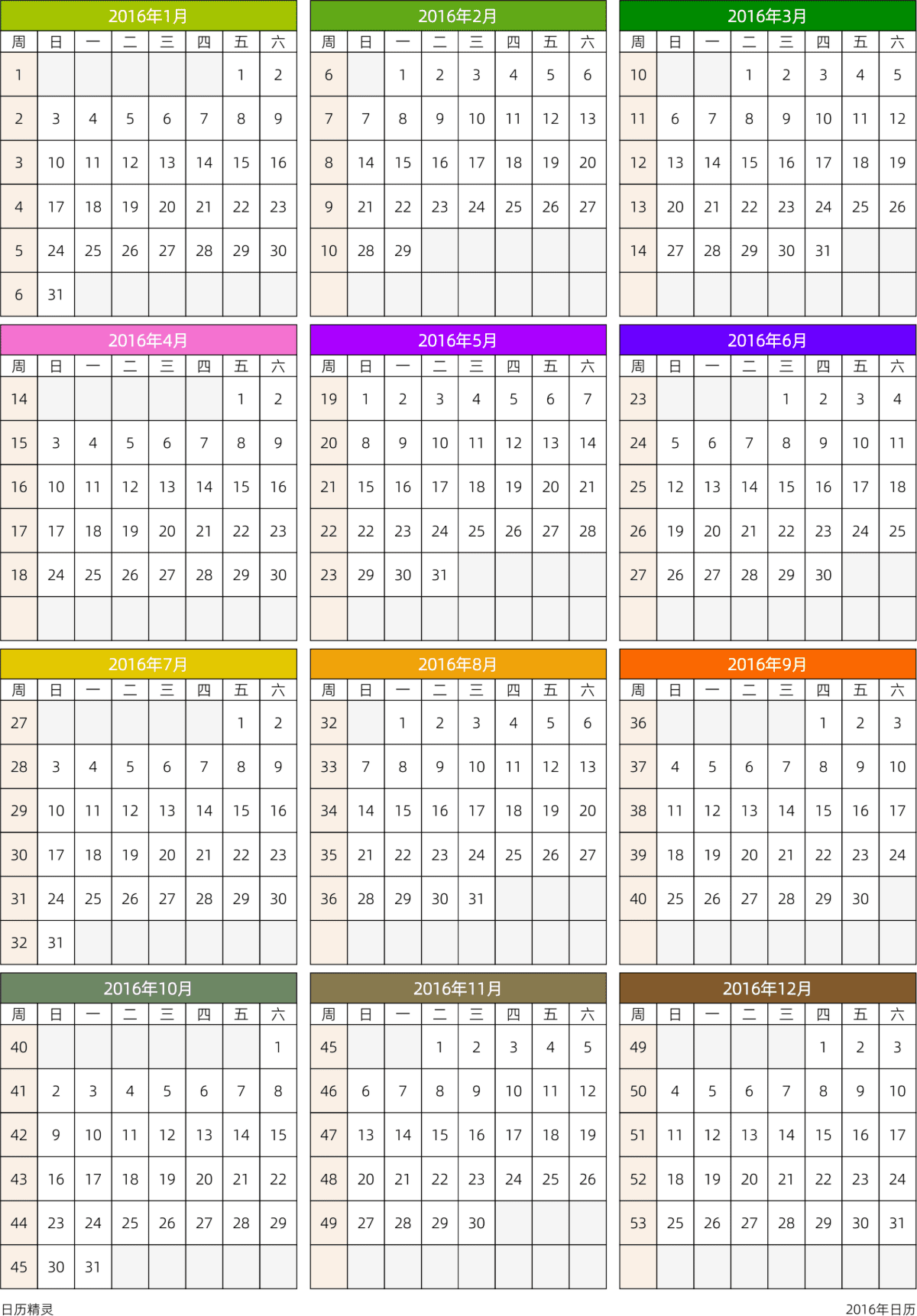 模板[DF201] 日历表 2016年 日历 中文版 周日开始 带周数
