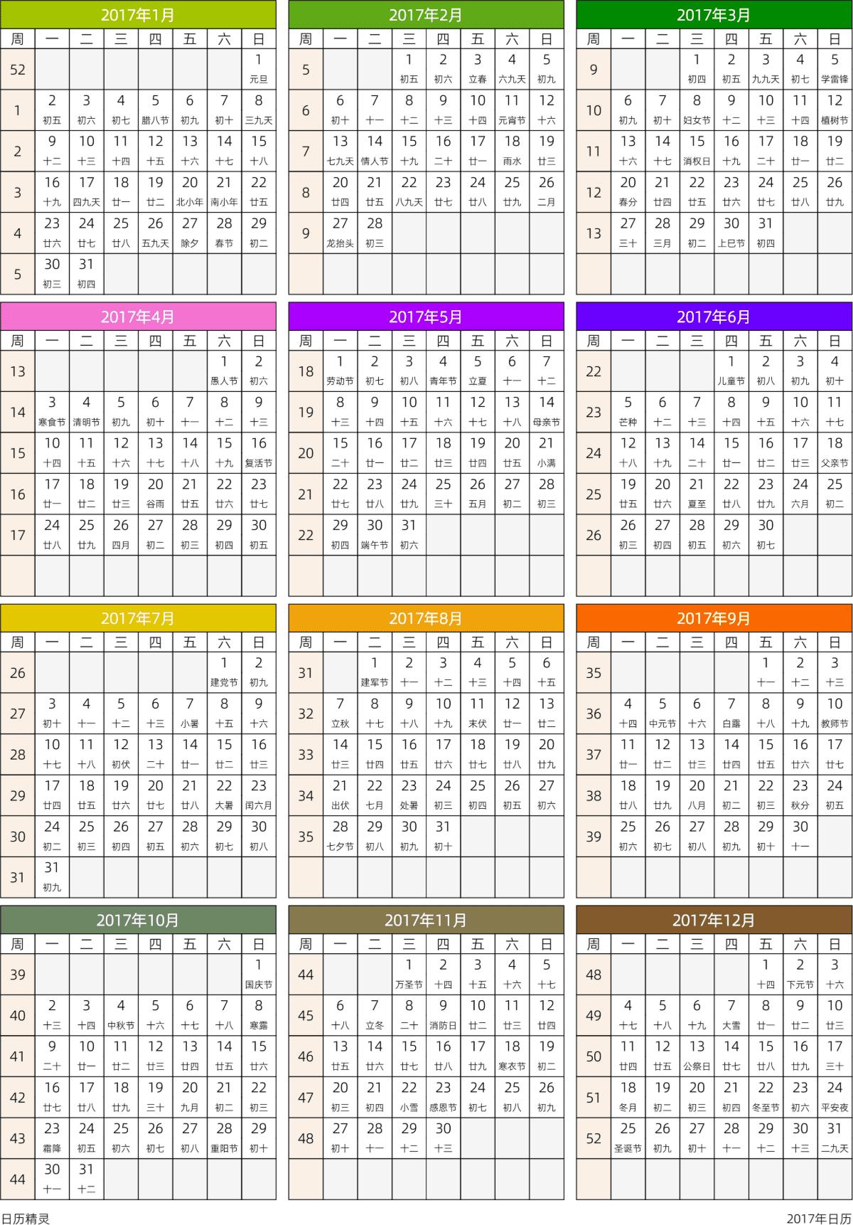 模板[DF201] 日历表 2017年 日历 中文版 周一开始 带周数 带农历