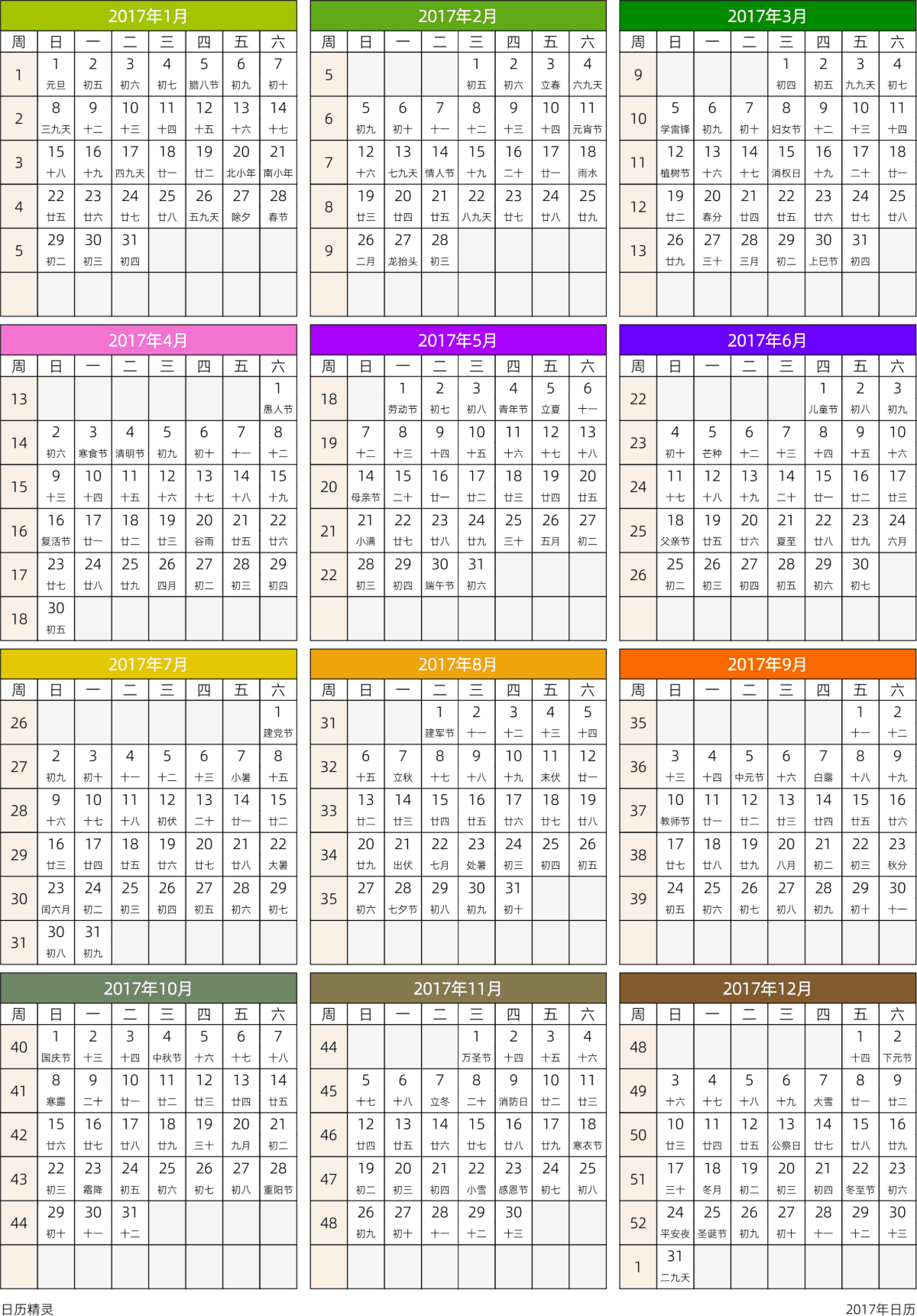 模板[DF201] 日历表 2017年 日历 中文版 周日开始 带周数 带农历 带节假日调休安排