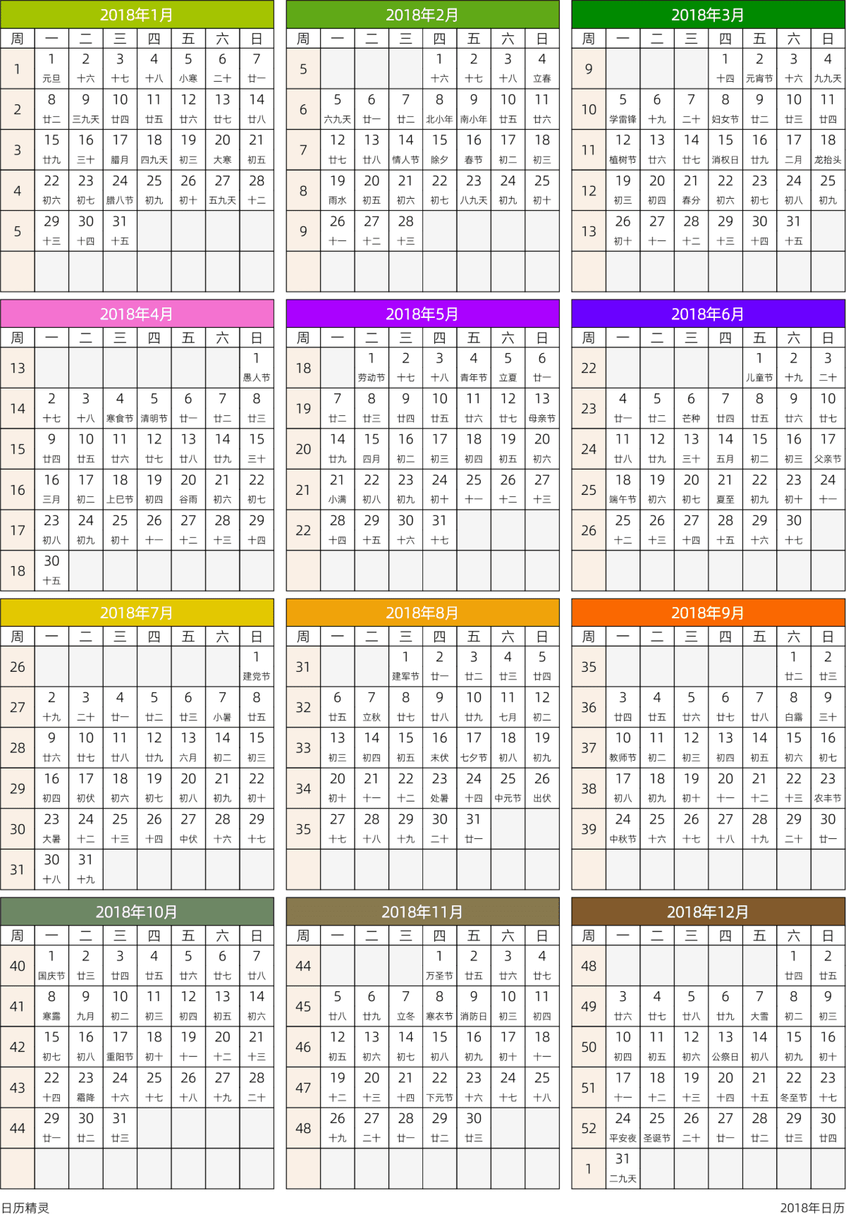 模板[DF201] 日历表 2018年 日历 中文版 周一开始 带周数 带农历