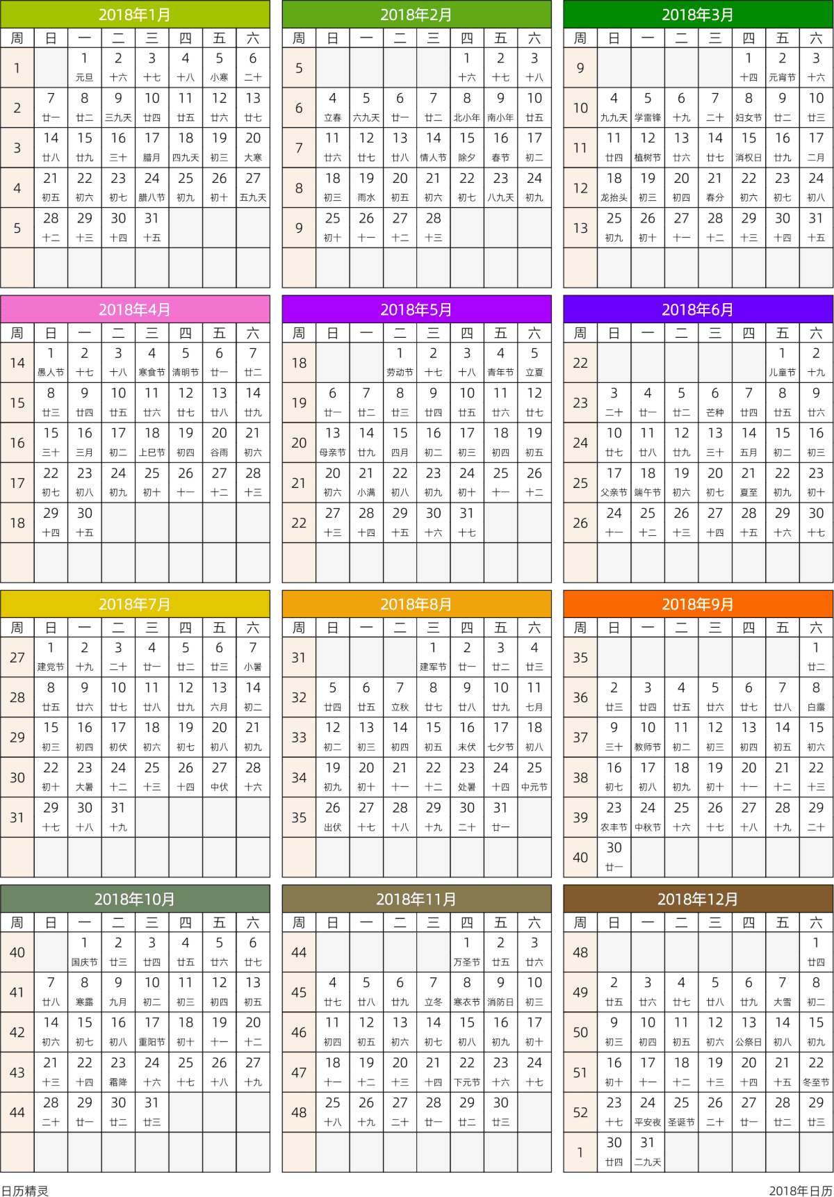 模板[DF201] 日历表 2018年 日历 中文版 周日开始 带周数 带农历 带节假日调休安排