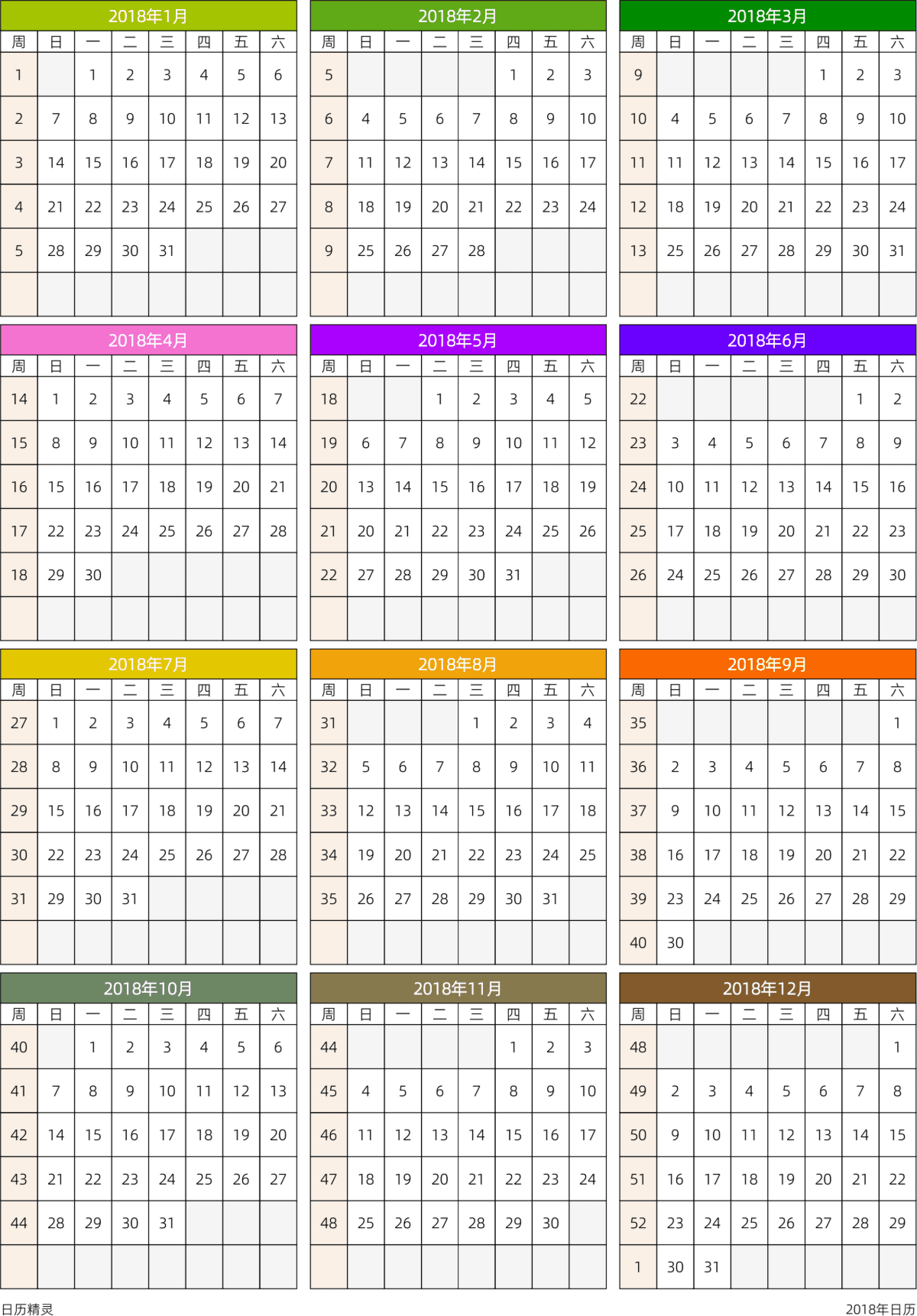 模板[DF201] 日历表 2018年 日历 中文版 周日开始 带周数