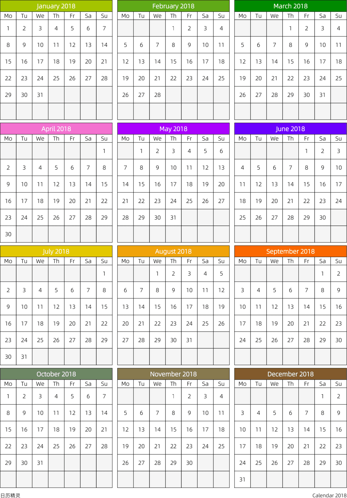 模板[DF201] 日历表 2018年 日历 英文版 周一开始