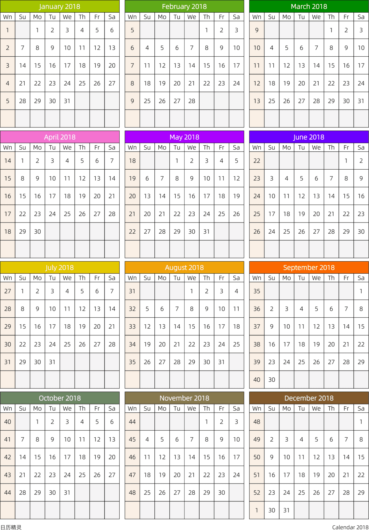 模板[DF201] 日历表 2018年 日历 英文版 周日开始 带周数