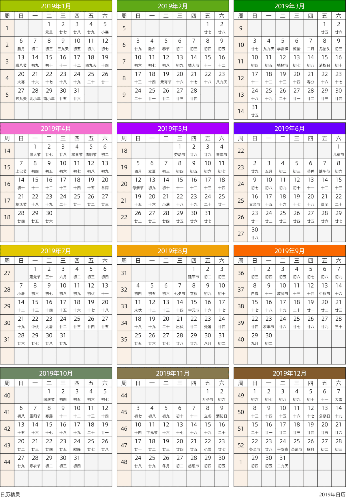 模板[DF201] 日历表 2019年 日历 中文版 周日开始 带周数 带农历 带节假日调休安排