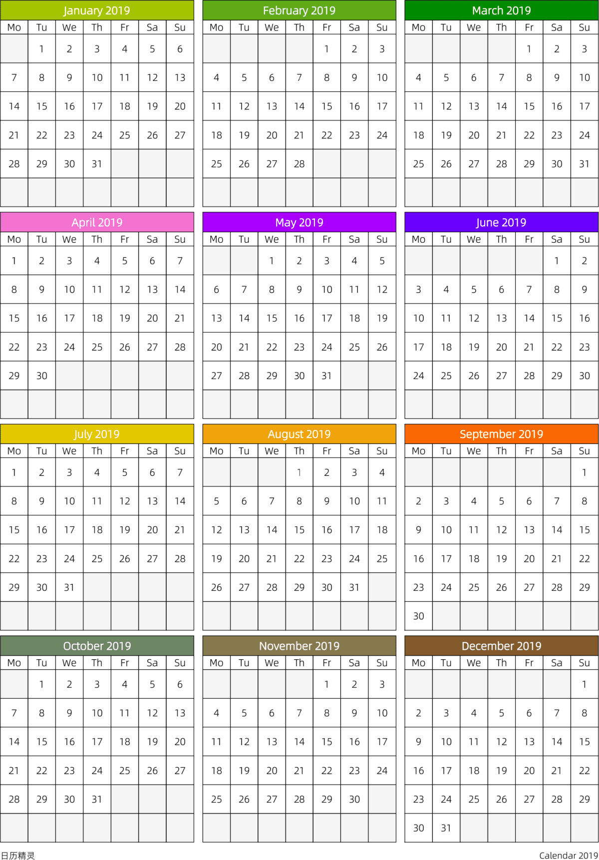 模板[DF201] 日历表 2019年 日历 英文版 周一开始 带节假日调休安排