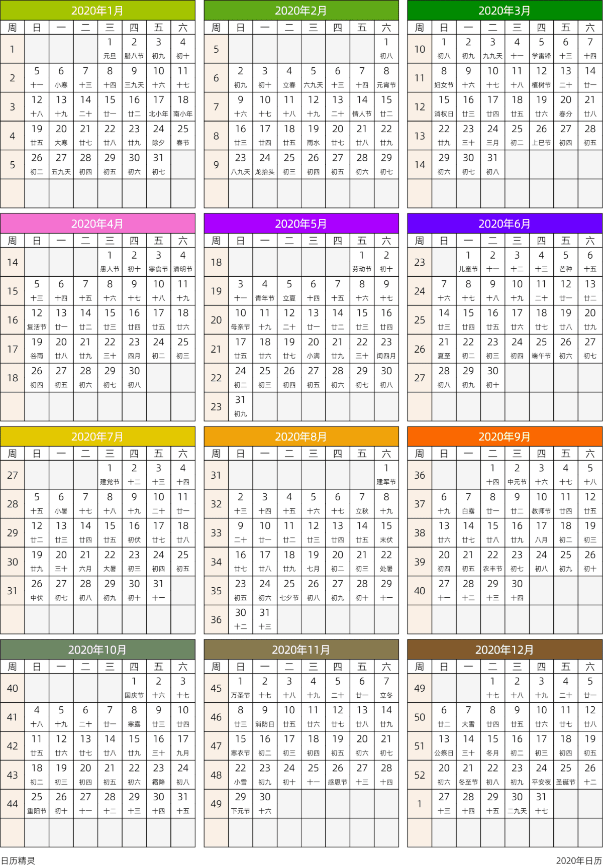 模板[DF201] 日历表 2020年 日历 中文版 周日开始 带周数 带农历