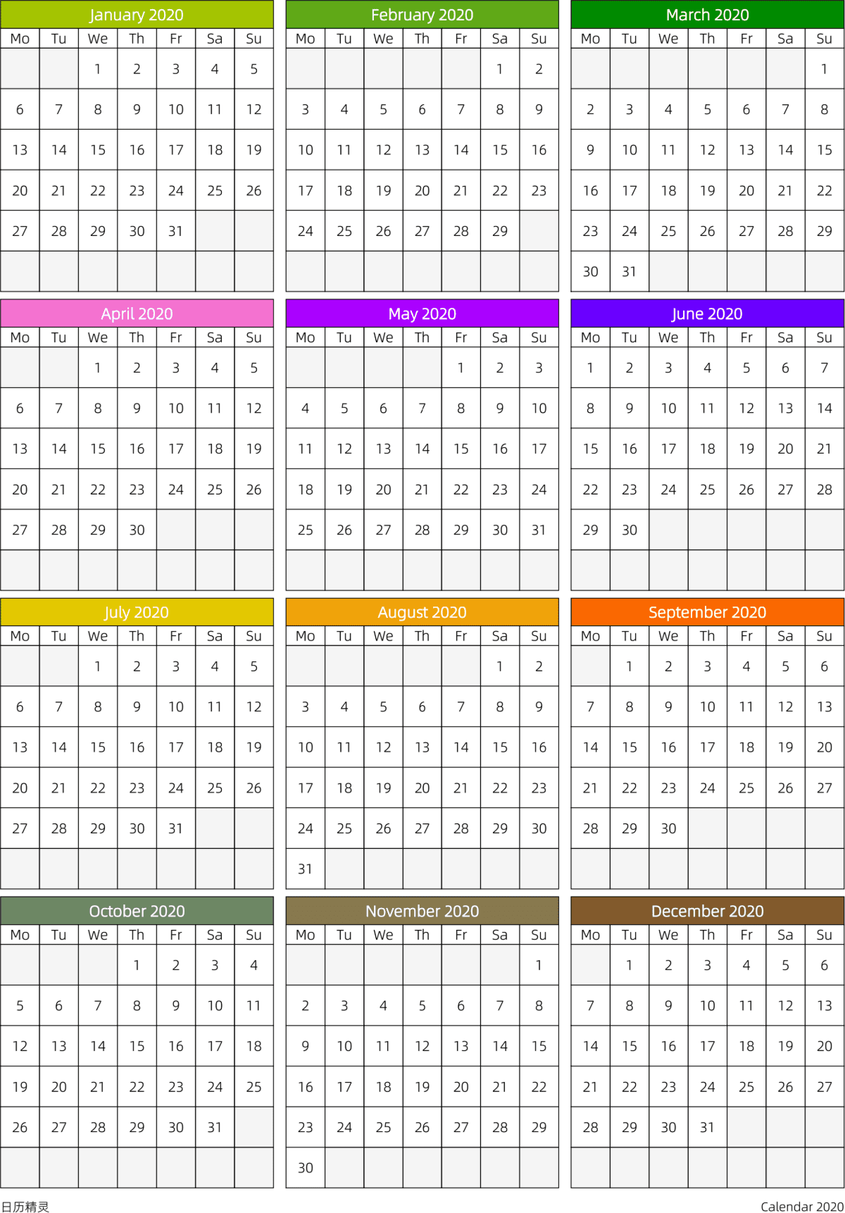 模板[DF201] 日历表 2020年 日历 英文版 周一开始 带节假日调休安排