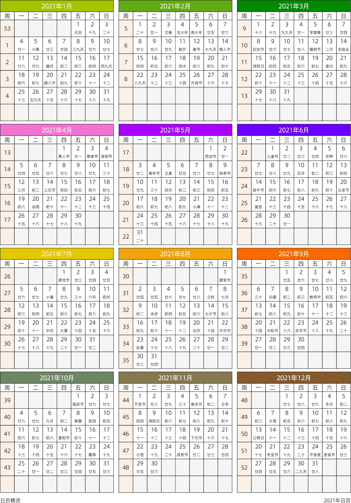模板[DF201] 日历表 2021年 日历 中文版 周一开始 带周数 带农历 带节假日调休安排