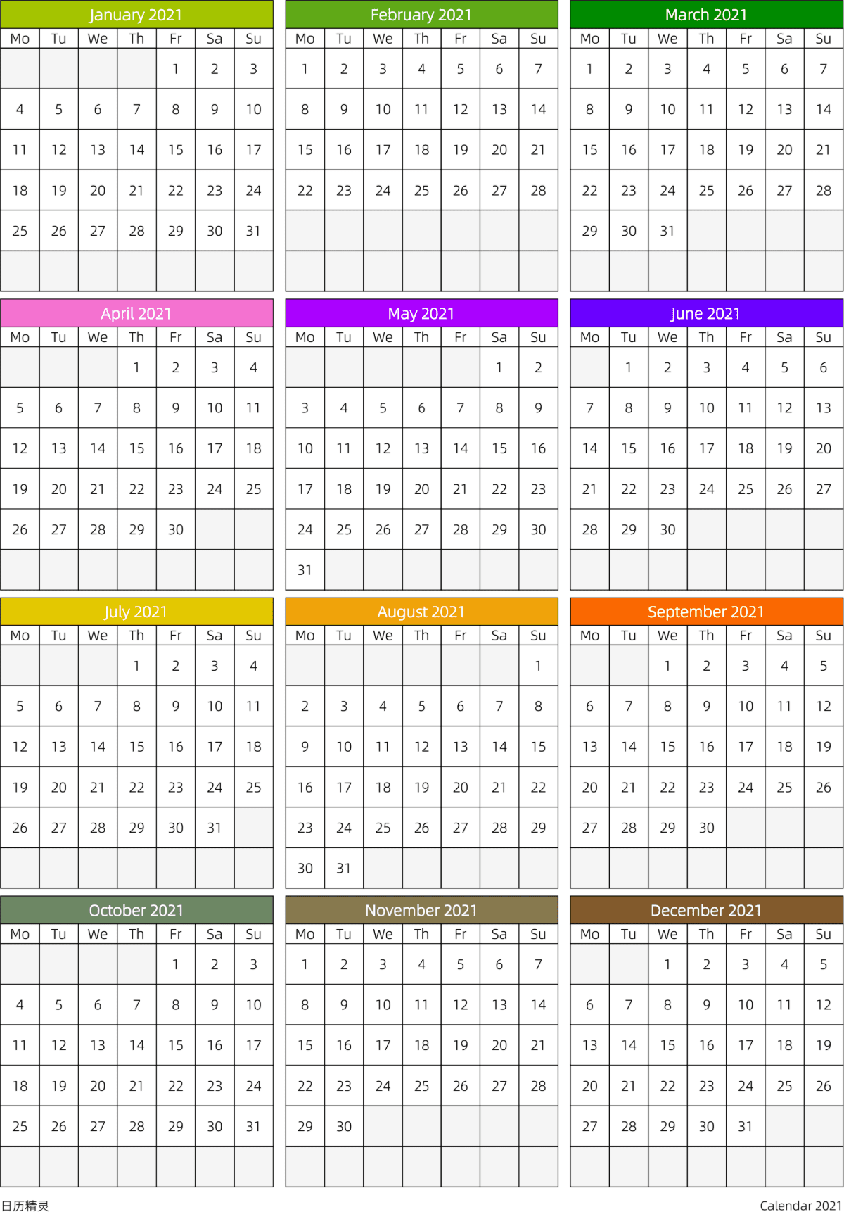 模板[DF201] 日历表 2021年 日历 英文版 周一开始