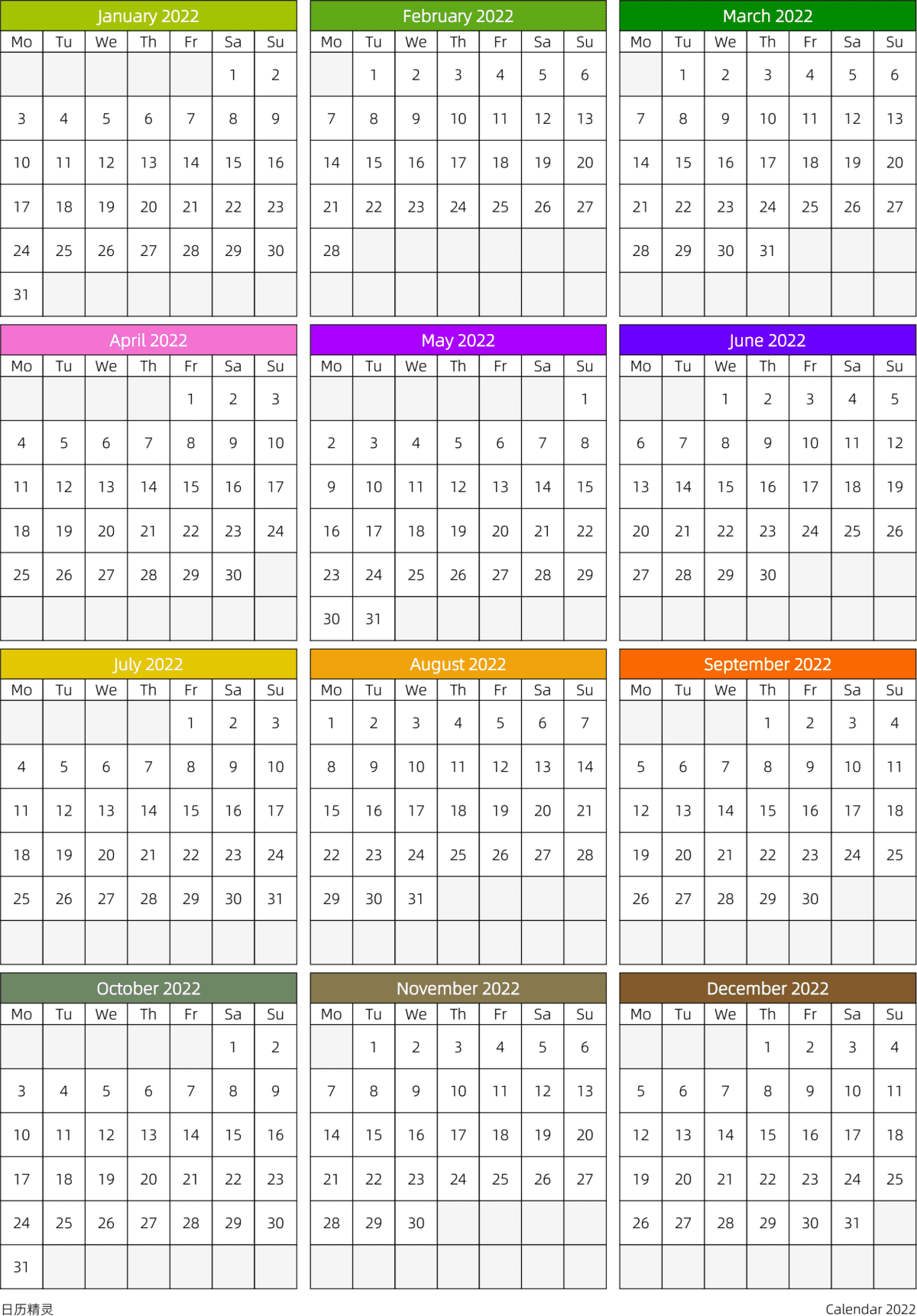 模板[DF201] 日历表 2022年 日历 英文版 周一开始