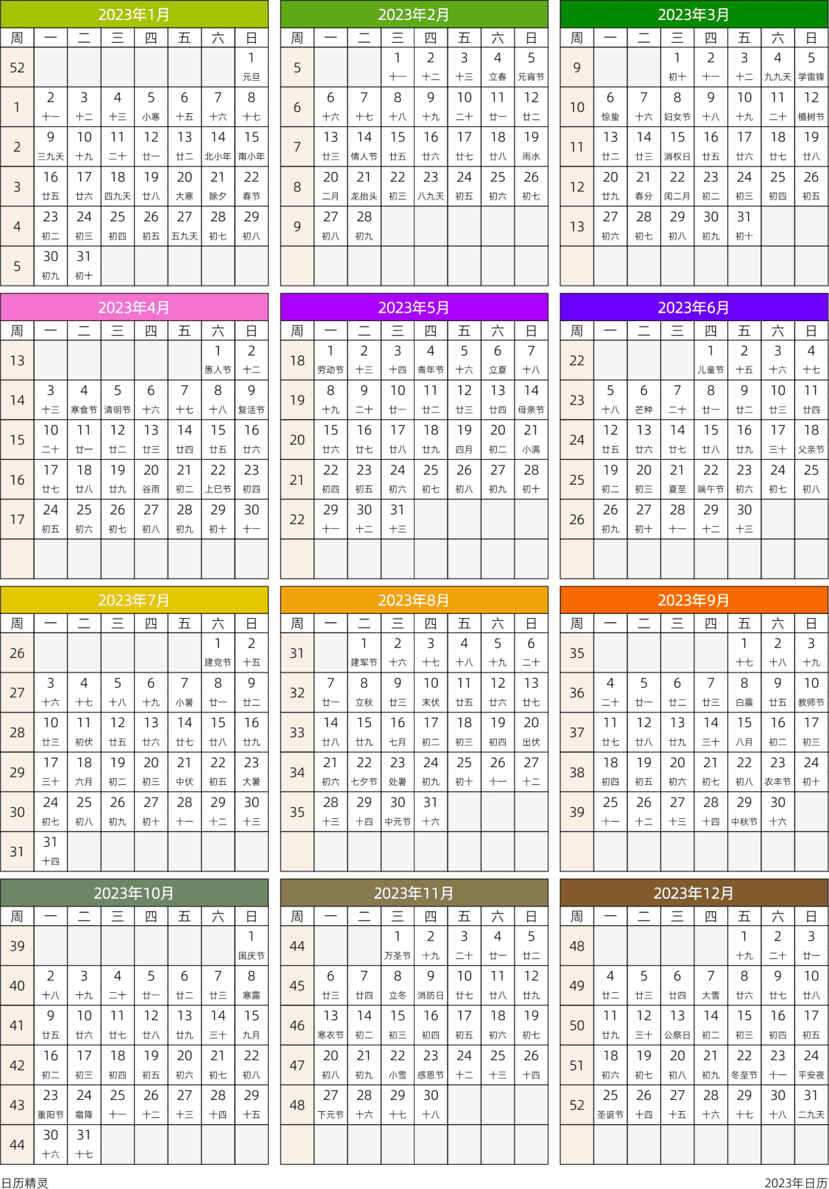 模板[DF201] 日历表 2023年 日历 中文版 周一开始 带周数 带农历 带节假日调休安排