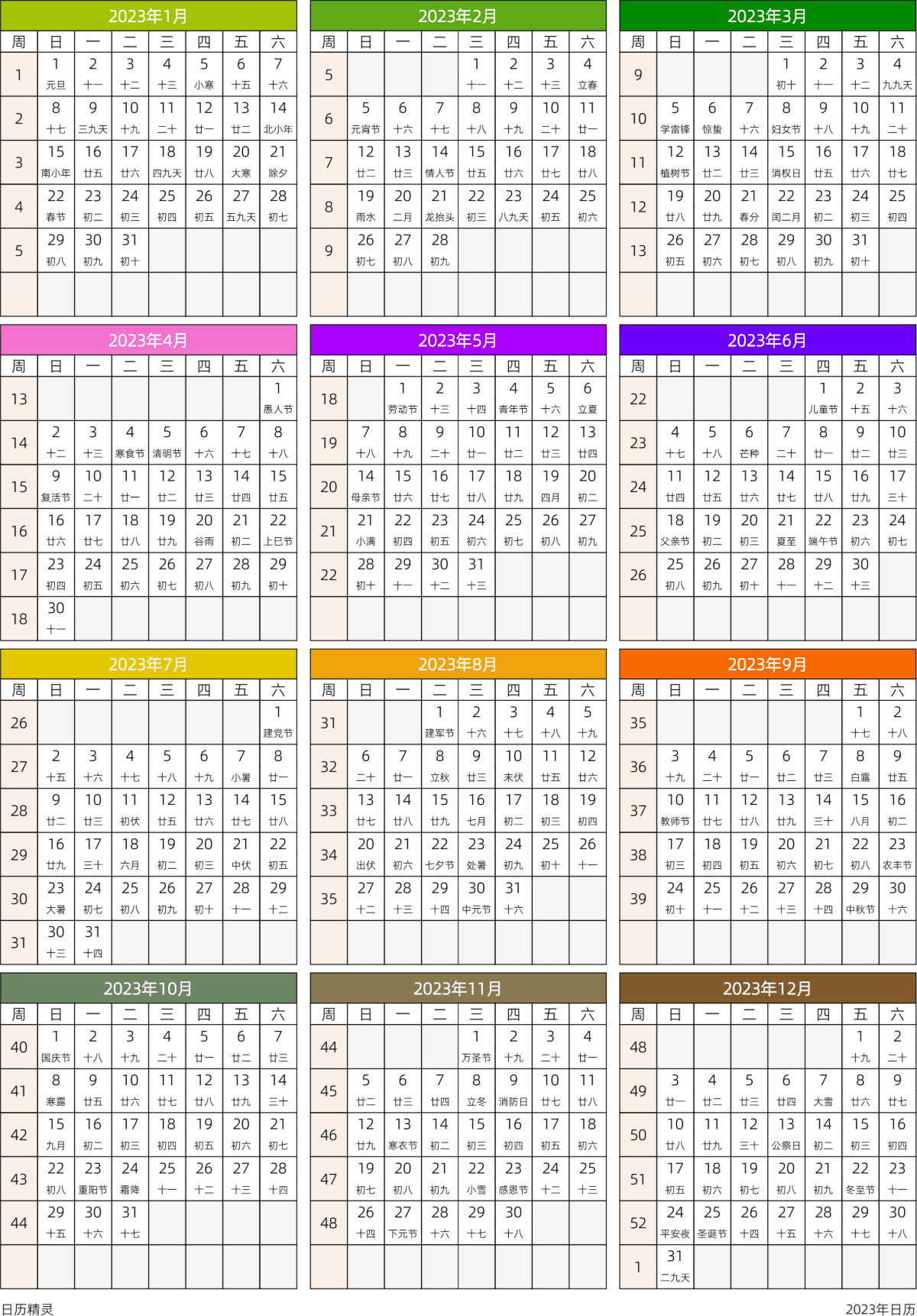 模板[DF201] 日历表 2023年 日历 中文版 周日开始 带周数 带农历 带节假日调休安排