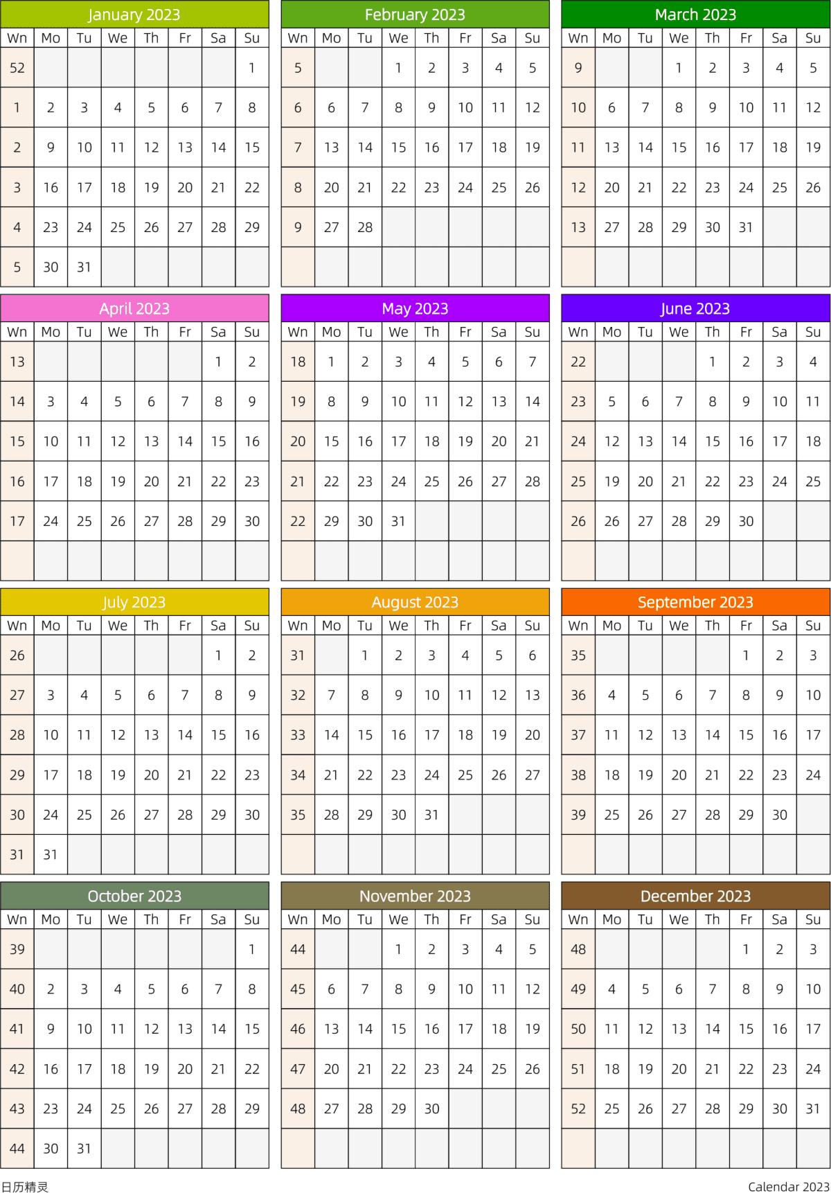 模板[DF201] 日历表 2023年 日历 英文版 周一开始 带周数