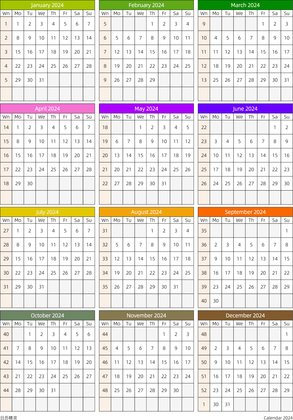 模板[DF201] 日历表 2024年 日历 英文版 周一开始 带周数 带节假日调休安排