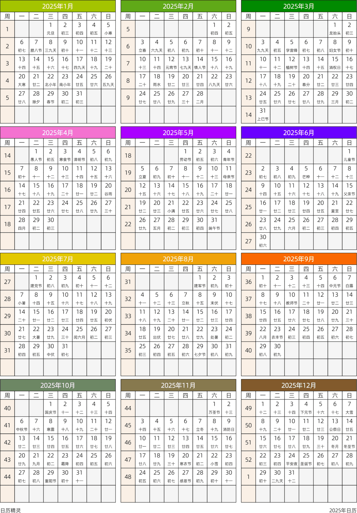 模板[DF201] 日历表 2025年 日历 中文版 周一开始 带周数 带农历