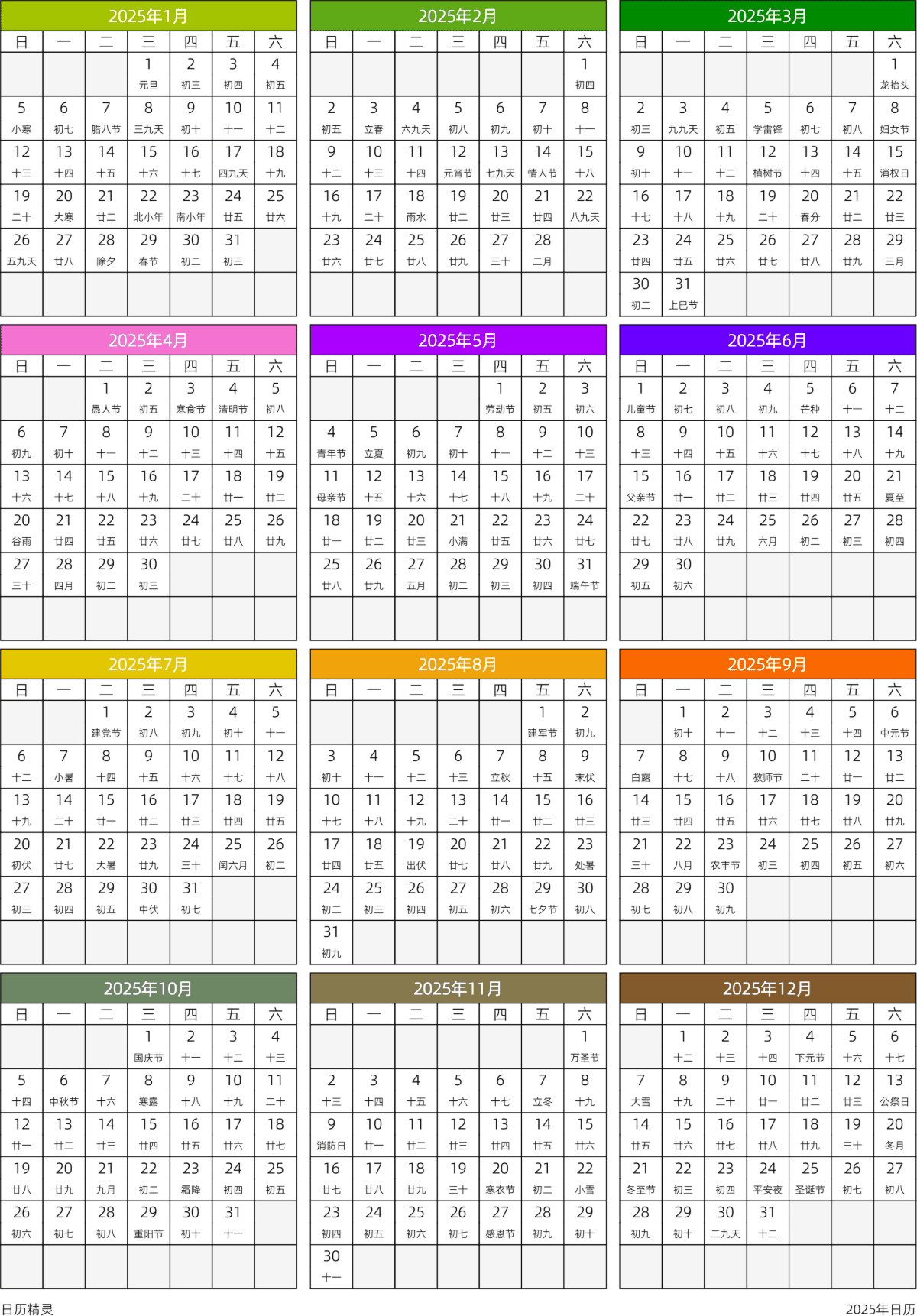 模板[DF201] 日历表 2025年 日历 中文版 周日开始 带农历