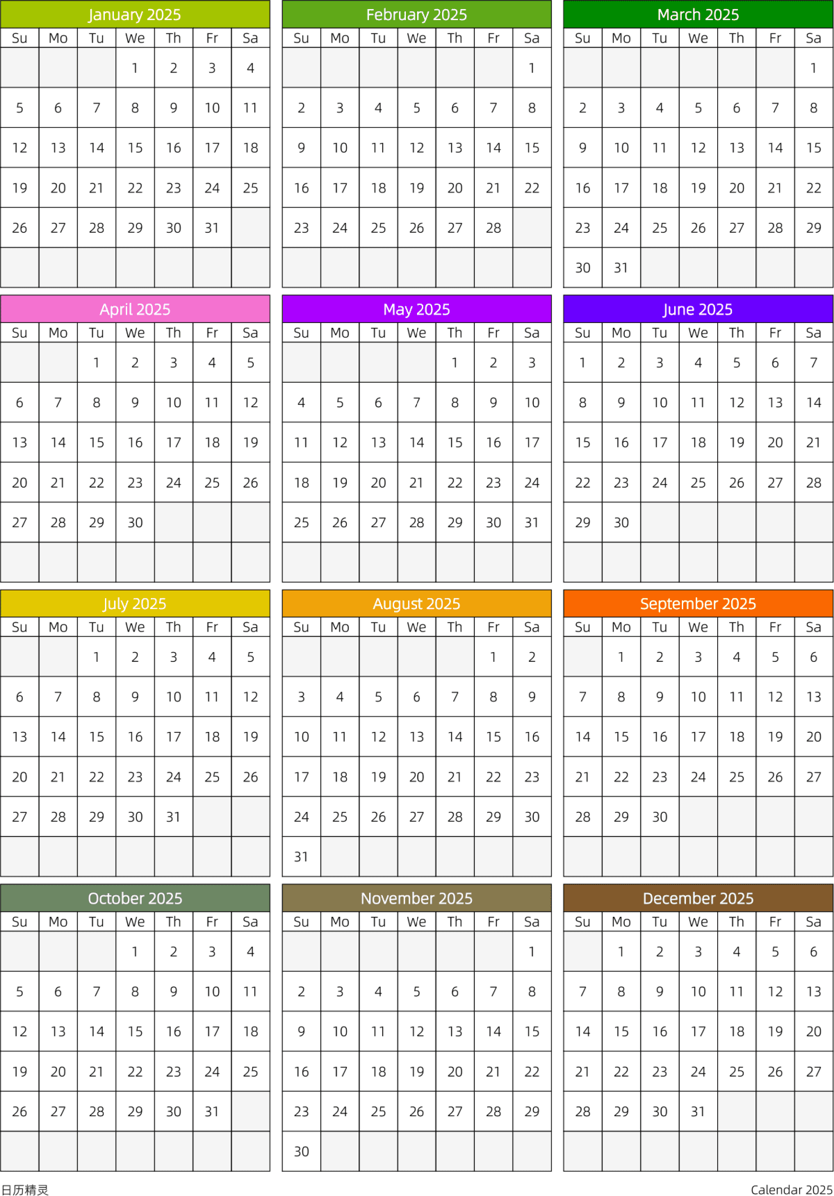 模板[DF201] 日历表 2025年 日历 英文版 周日开始