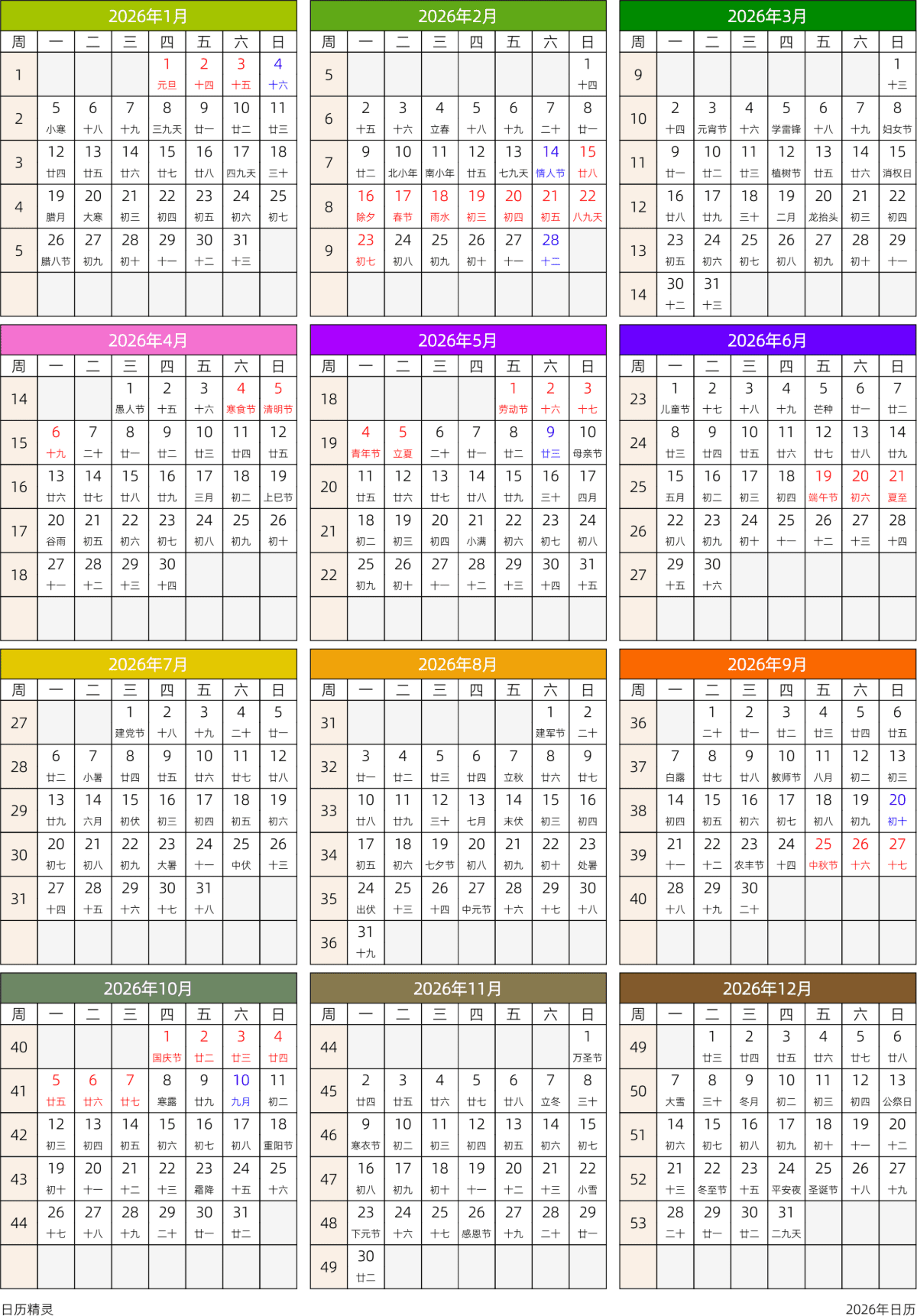 模板[DF201] 日历表 2026年 日历 中文版 周一开始 带周数 带农历 带节假日调休安排