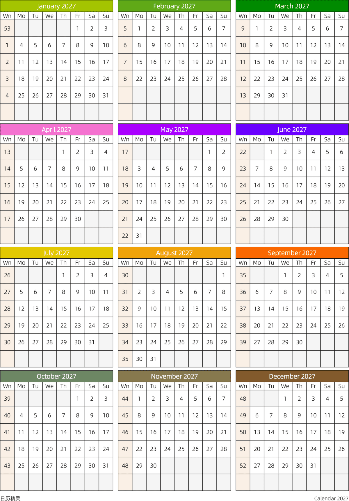 模板[DF201] 日历表 2027年 日历 英文版 周一开始 带周数