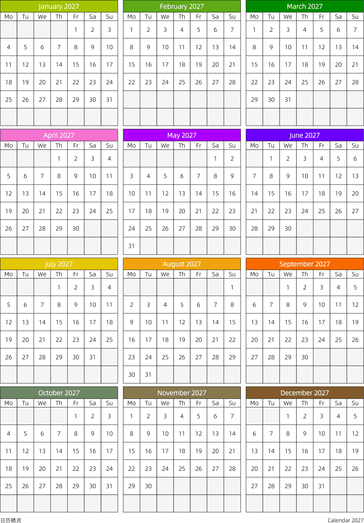 模板[DF201] 日历表 2027年 日历 英文版 周一开始 带节假日调休安排