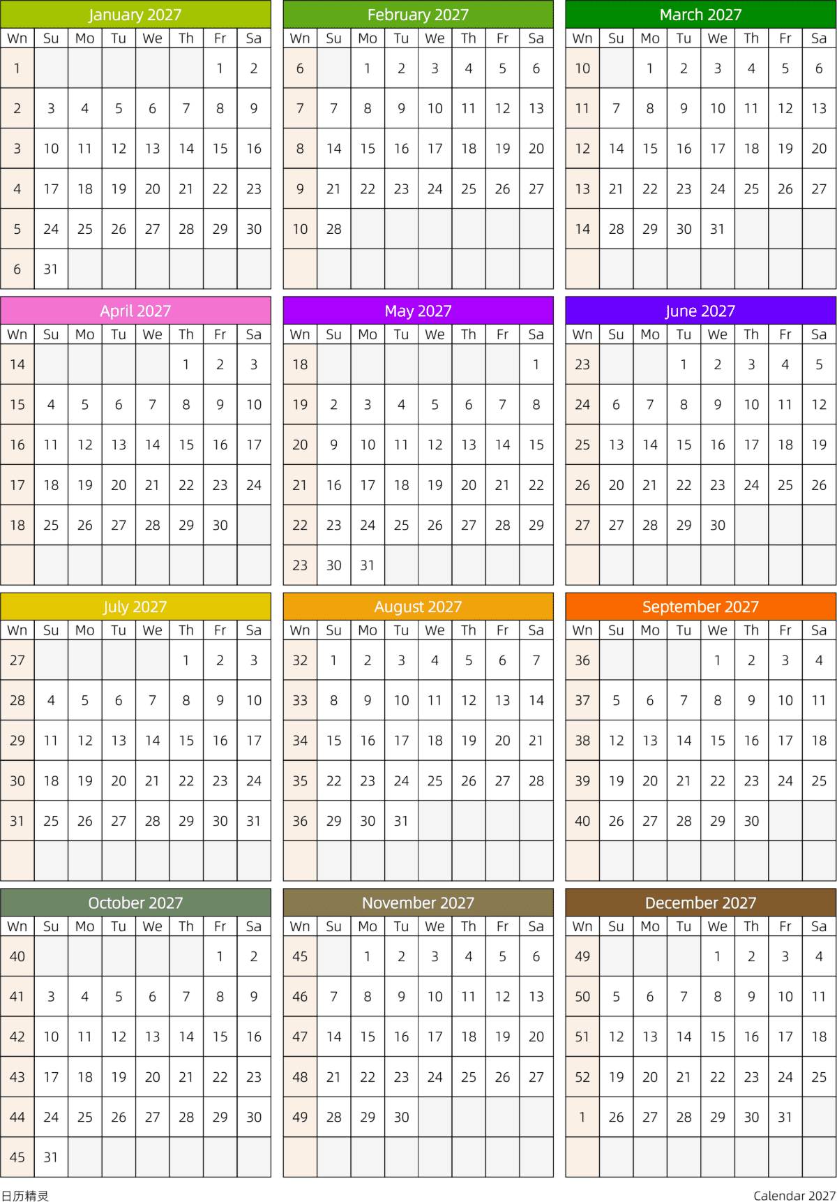 模板[DF201] 日历表 2027年 日历 英文版 周日开始 带周数