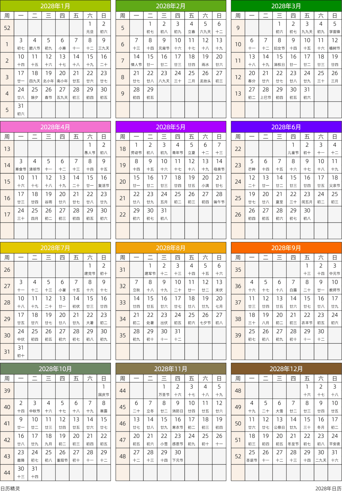 模板[DF201] 日历表 2028年 日历 中文版 周一开始 带周数 带农历 带节假日调休安排
