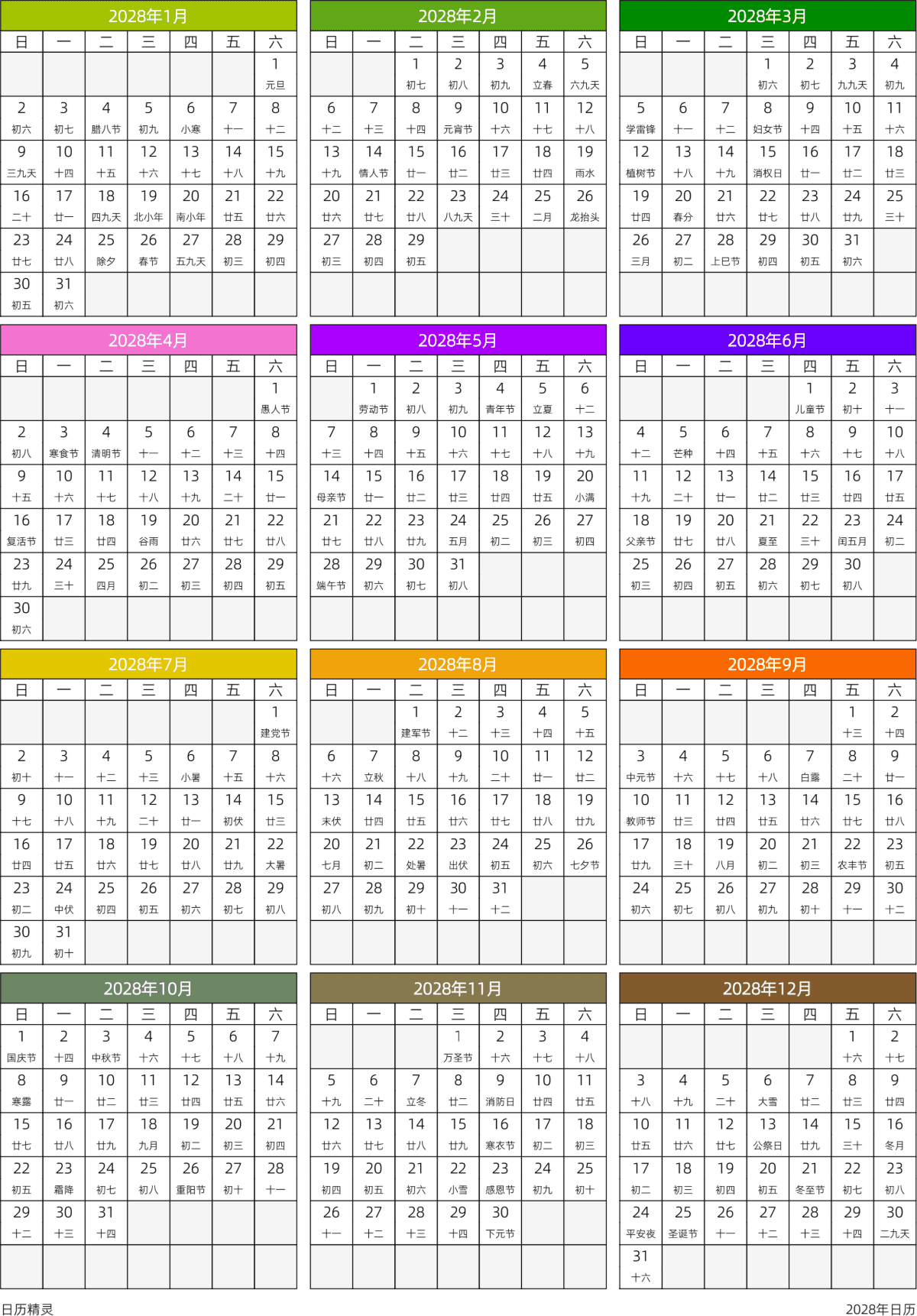 模板[DF201] 日历表 2028年 日历 中文版 周日开始 带农历