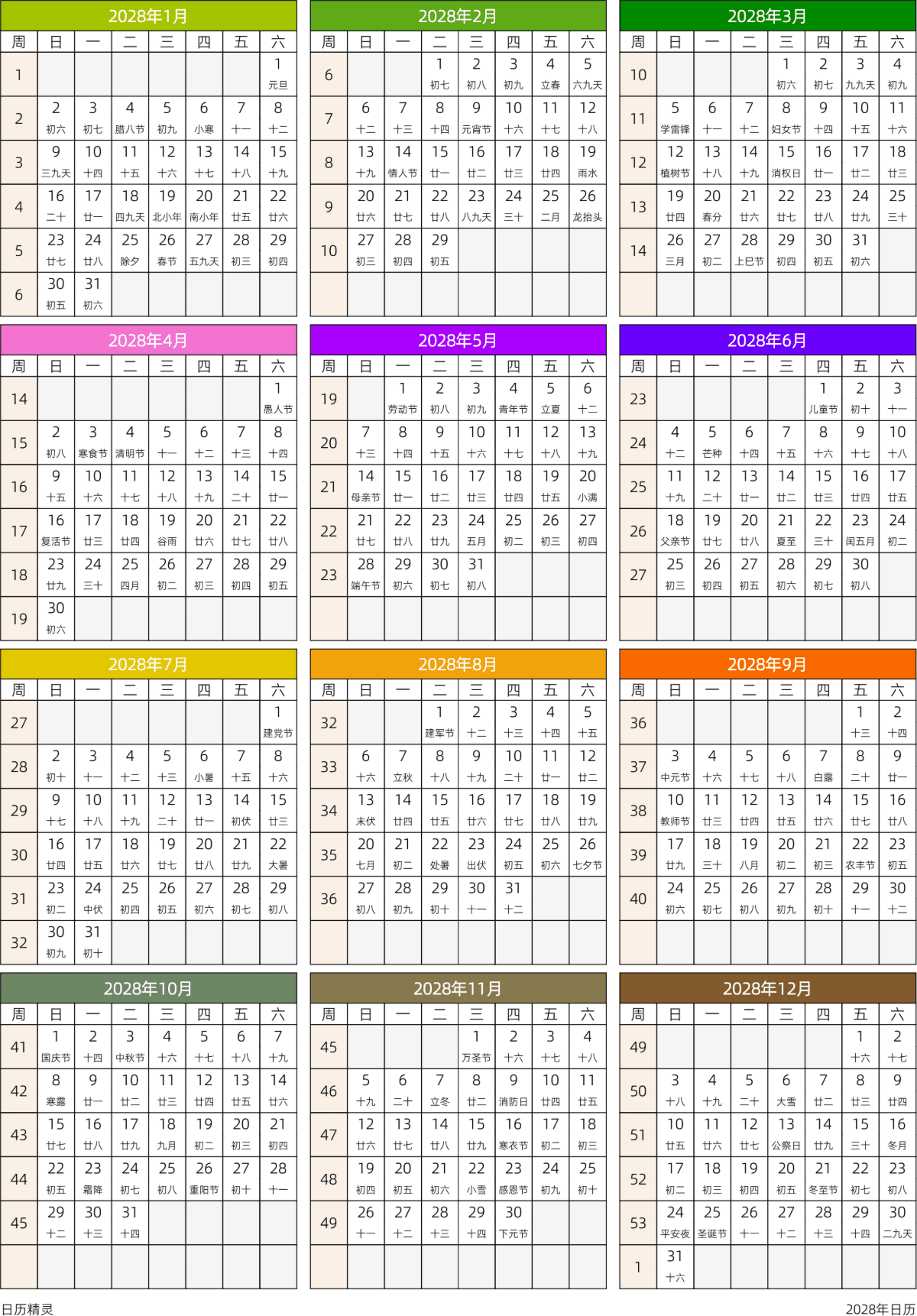 模板[DF201] 日历表 2028年 日历 中文版 周日开始 带周数 带农历