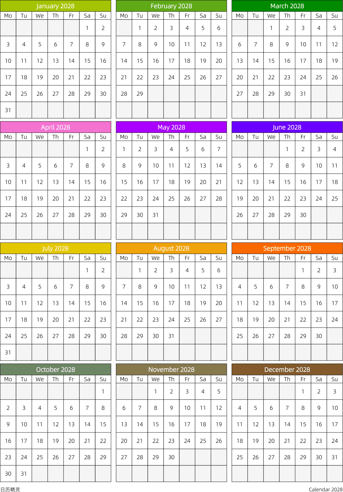 模板[DF201] 日历表 2028年 日历 英文版 周一开始