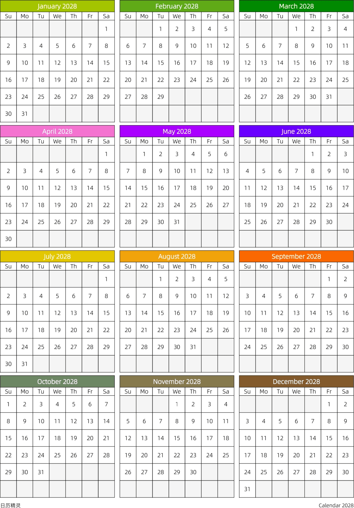 模板[DF201] 日历表 2028年 日历 英文版 周日开始