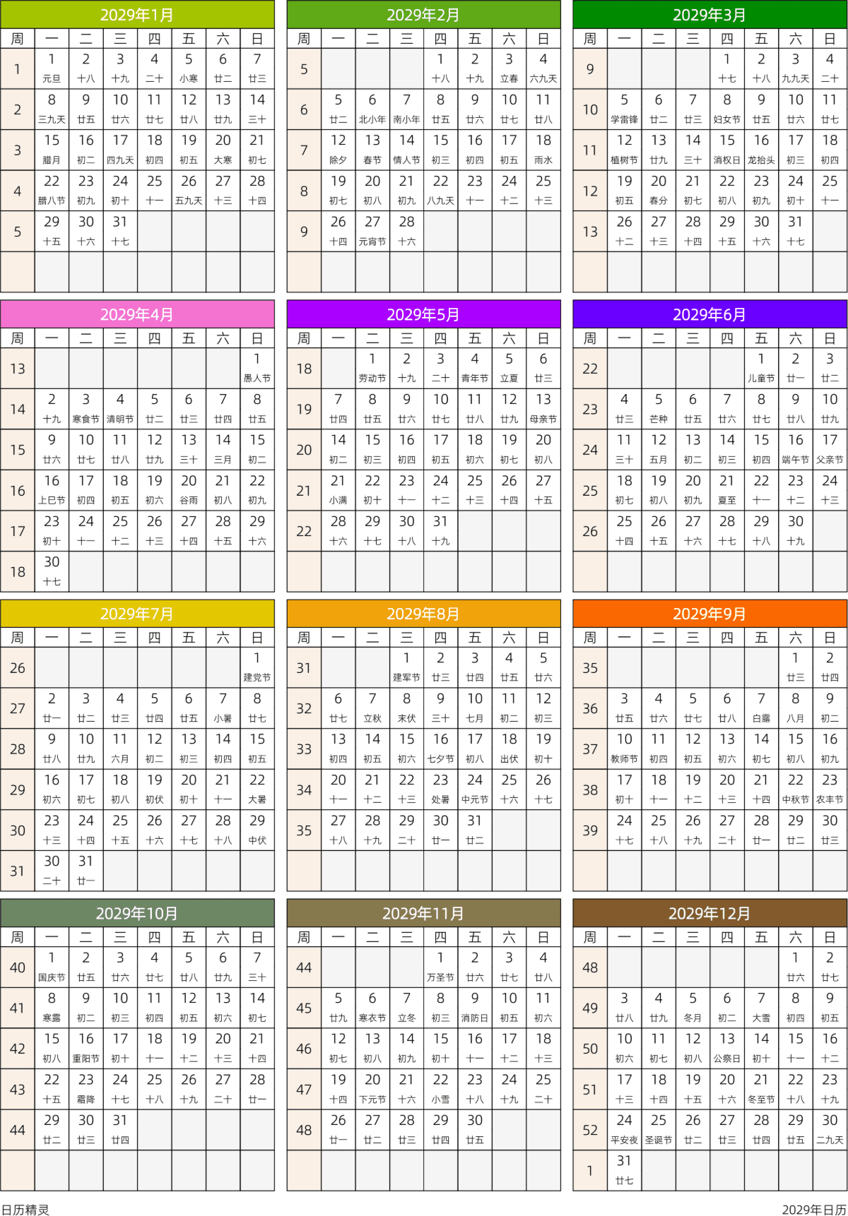 模板[DF201] 日历表 2029年 日历 中文版 周一开始 带周数 带农历
