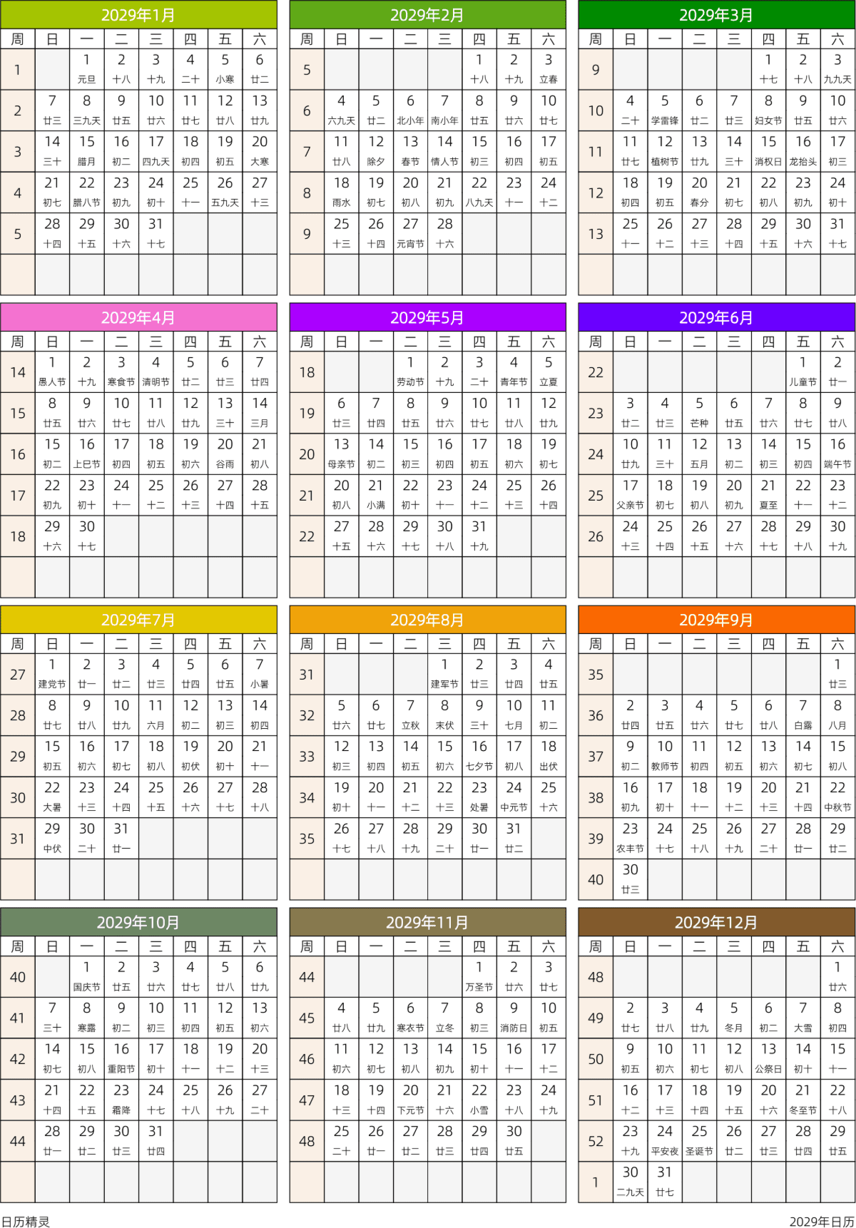 模板[DF201] 日历表 2029年 日历 中文版 周日开始 带周数 带农历 带节假日调休安排