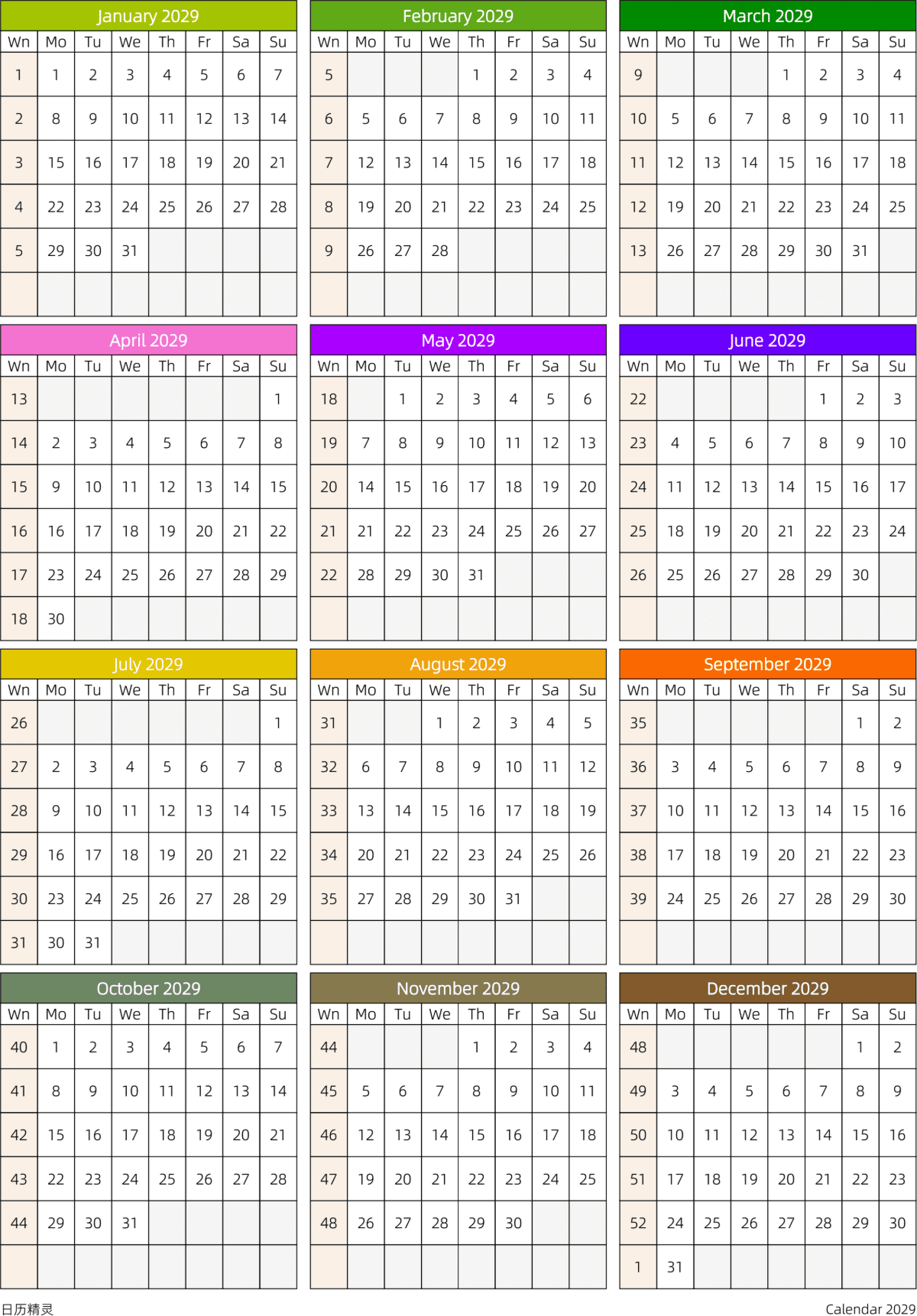模板[DF201] 日历表 2029年 日历 英文版 周一开始 带周数 带节假日调休安排