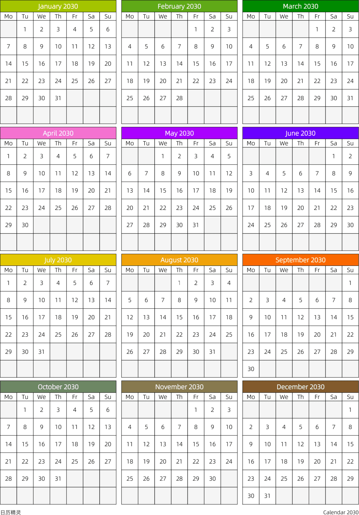 模板[DF201] 日历表 2030年 日历 英文版 周一开始