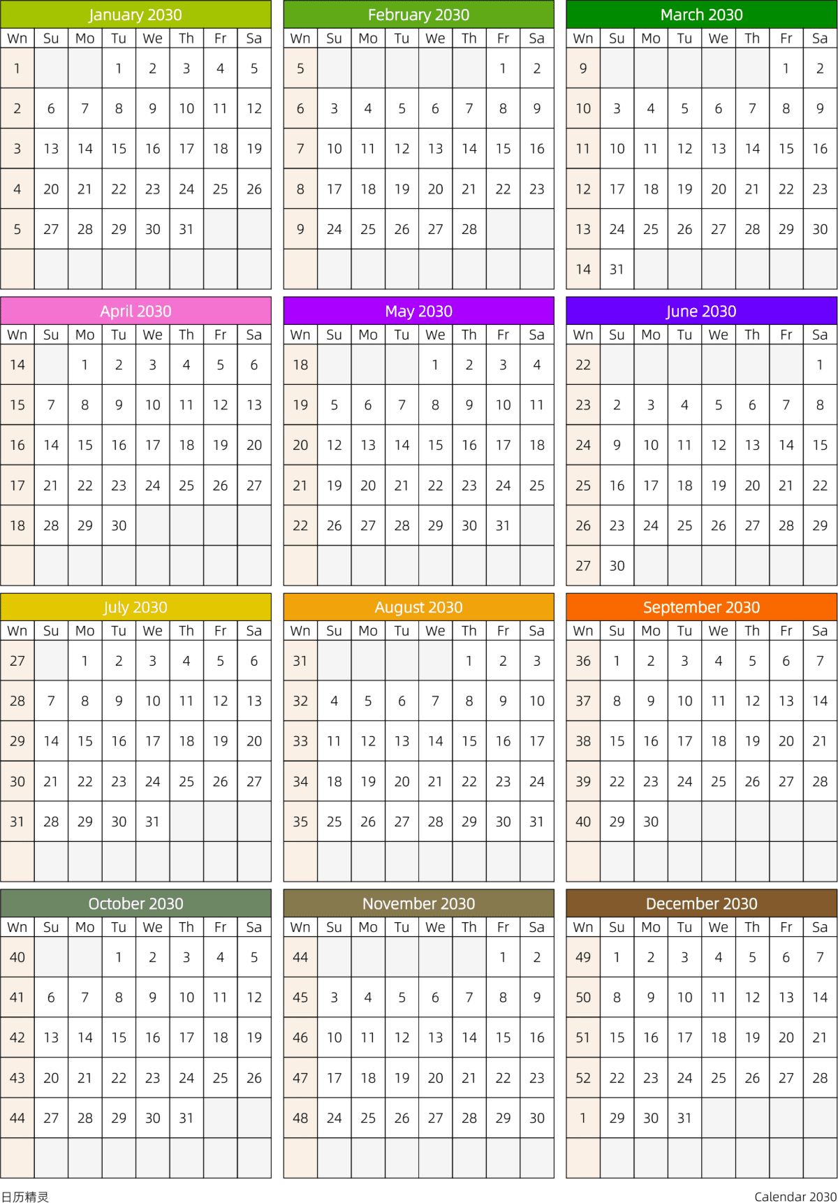 模板[DF201] 日历表 2030年 日历 英文版 周日开始 带周数 带节假日调休安排