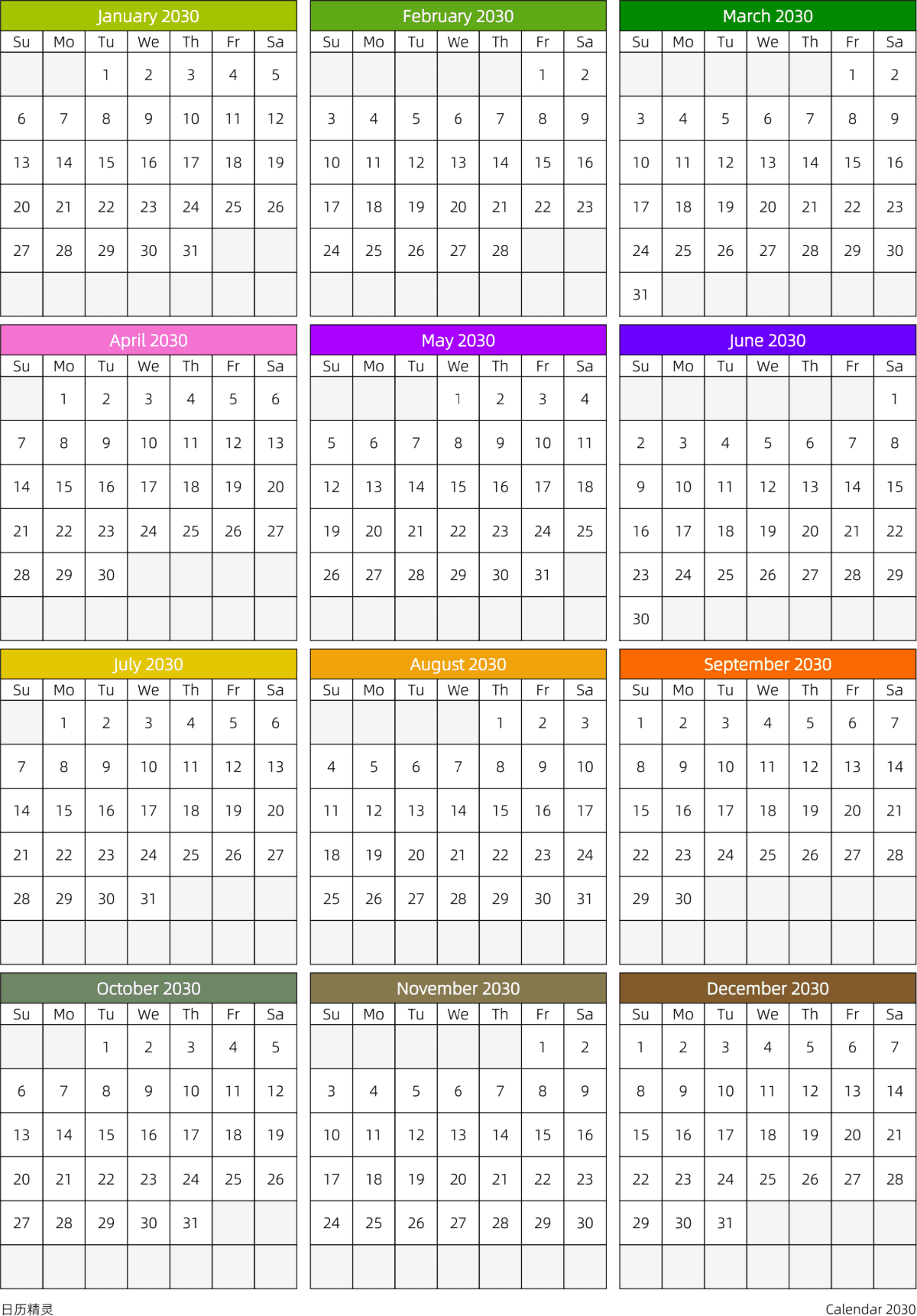模板[DF201] 日历表 2030年 日历 英文版 周日开始