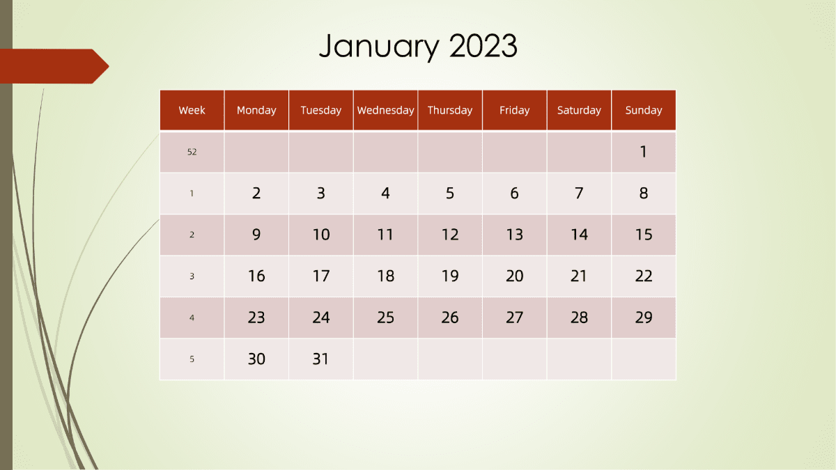模板[DF301] 日历表 2023年 月历台历 英文版 周一开始 带周数 带节假日调休安排