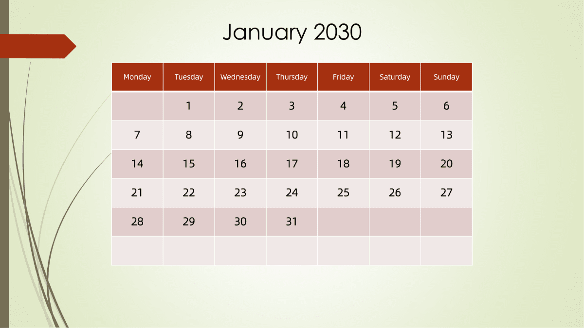 模板[DF301] 日历表 2030年 月历台历 英文版 周一开始 带节假日调休安排