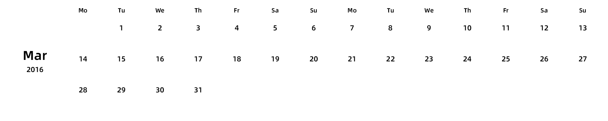 英文版 周一开始 带节假日调休安排