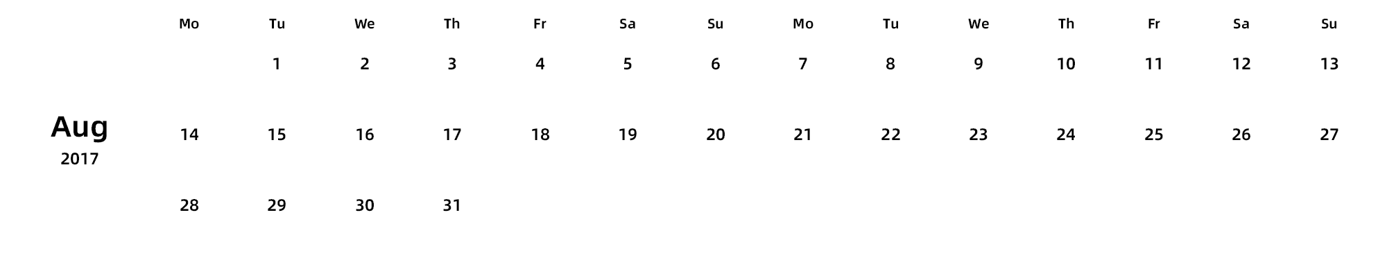 英文版 周一开始 带节假日调休安排